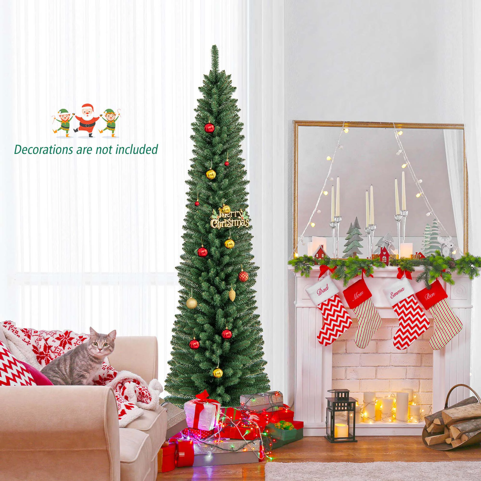 Costway 5/6/7/8 FT Pencil Christmas Tree Artificial Xmas Tree with 523 Memory Wire Branch Tips