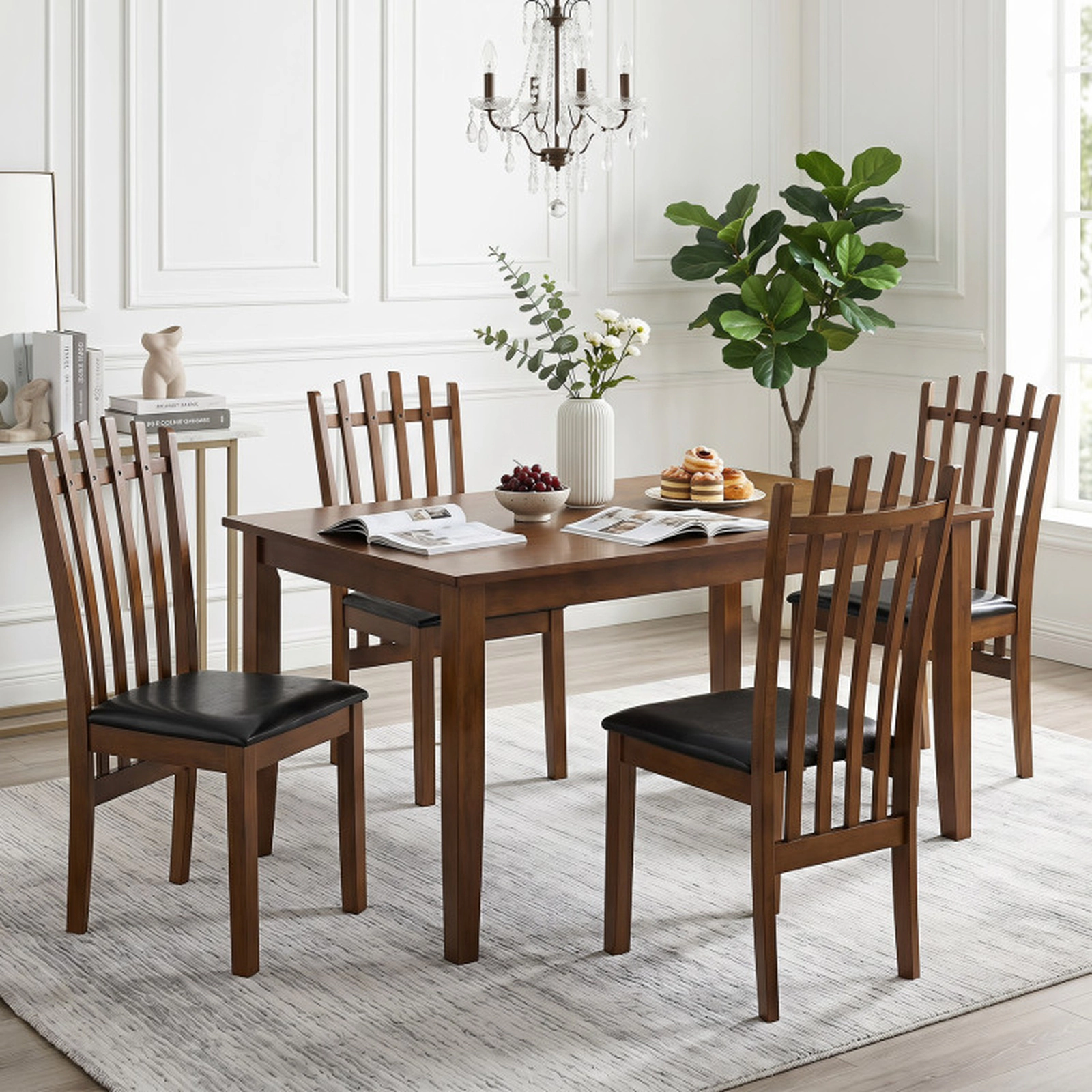 SUGIFT Set of 4 Wooden Dining Chairs with Spindle Back and PU Leather Seat 330-Lb Capacity 38-in Tall Walnut + Black