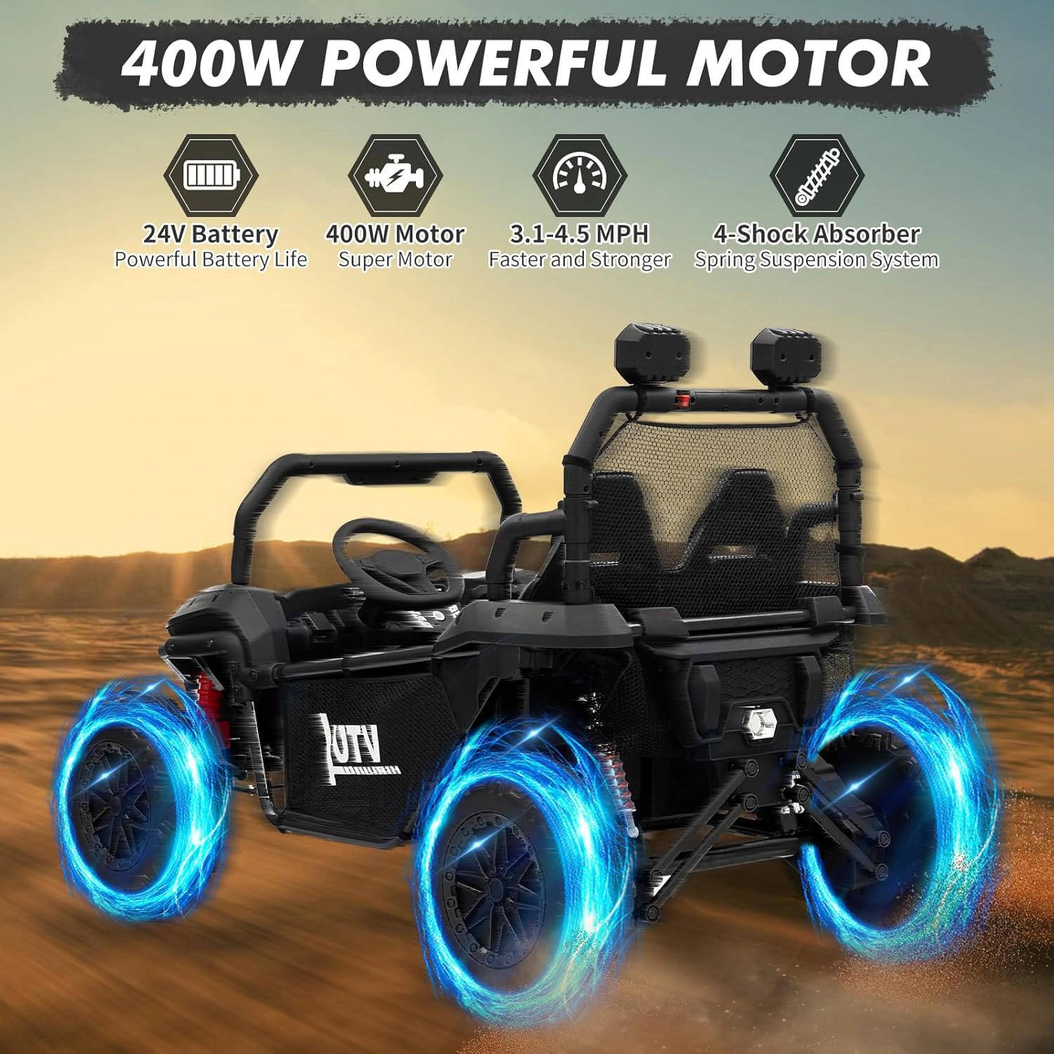 Enjyam 24V 2-Seater Kids Ride On UTV Truck, 400W Electric Car w/ Remote, LED Lights, Bluetooth, 2 Speeds