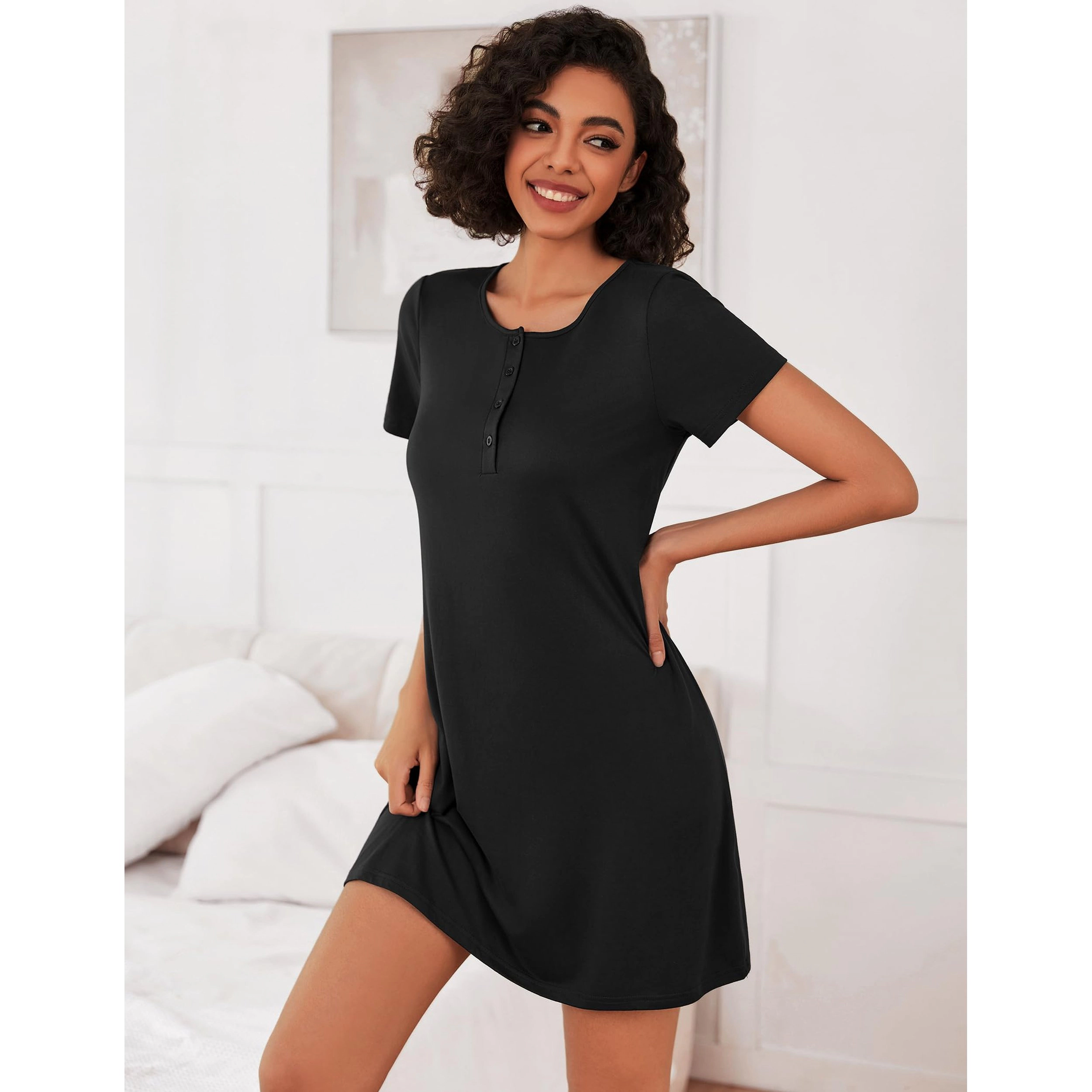 Ekouaer Women's Short Sleeve Sleepshirt Henley Nightgown 3 Pack