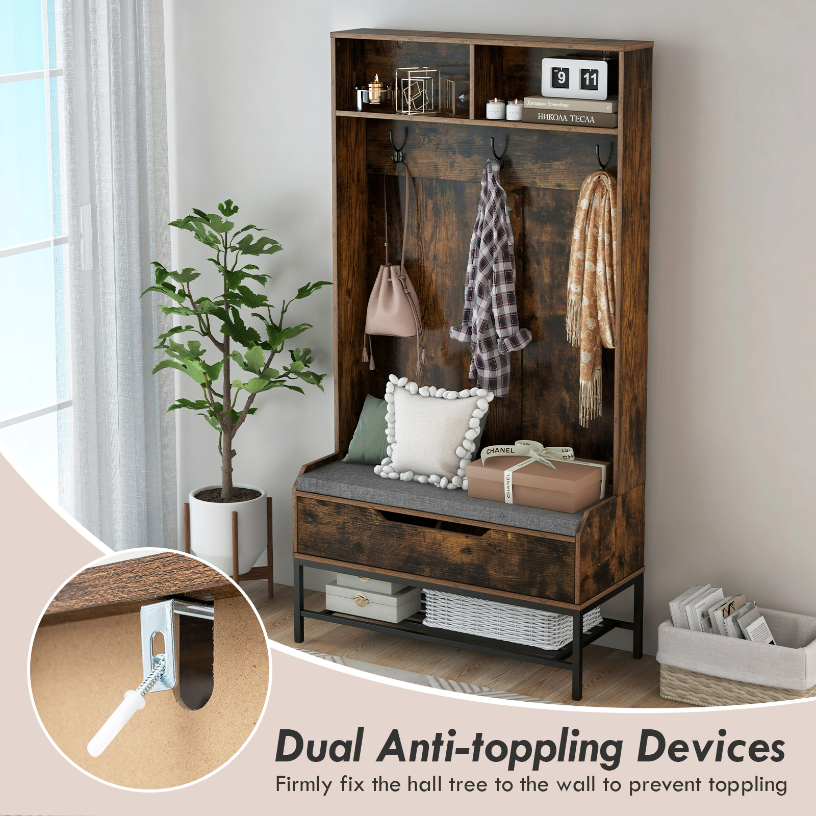 SUGIFT Rustic Brown 67-in Tall Hall Tree with 330-lb Lift-Top Bench 3 Hooks and Entryway Shoe Rack