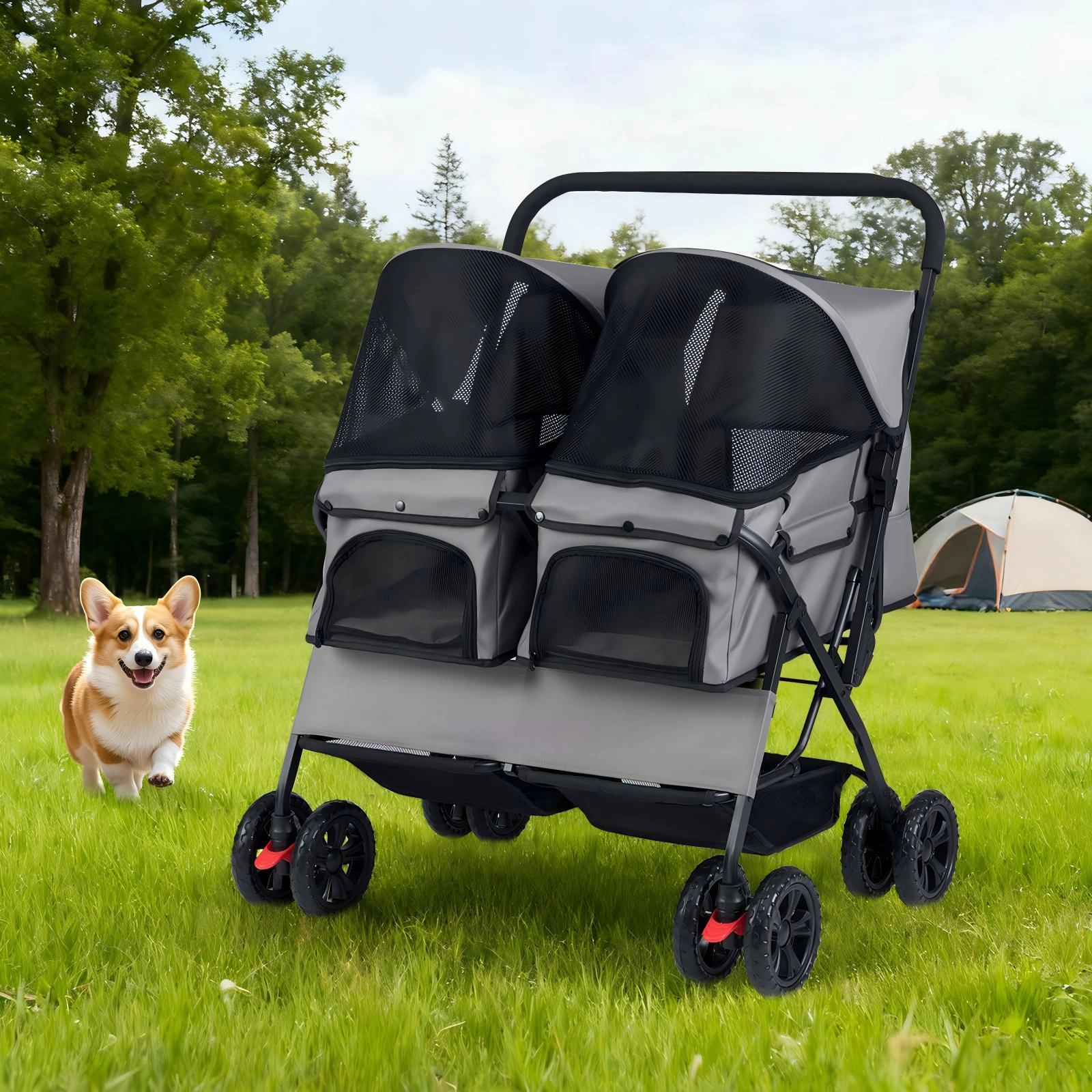 SUGIFT Gray Double Pet Stroller with Storage Basket and Pockets 31.5-in W 28.5-in D 40-in H 26-lb Seat Capacity