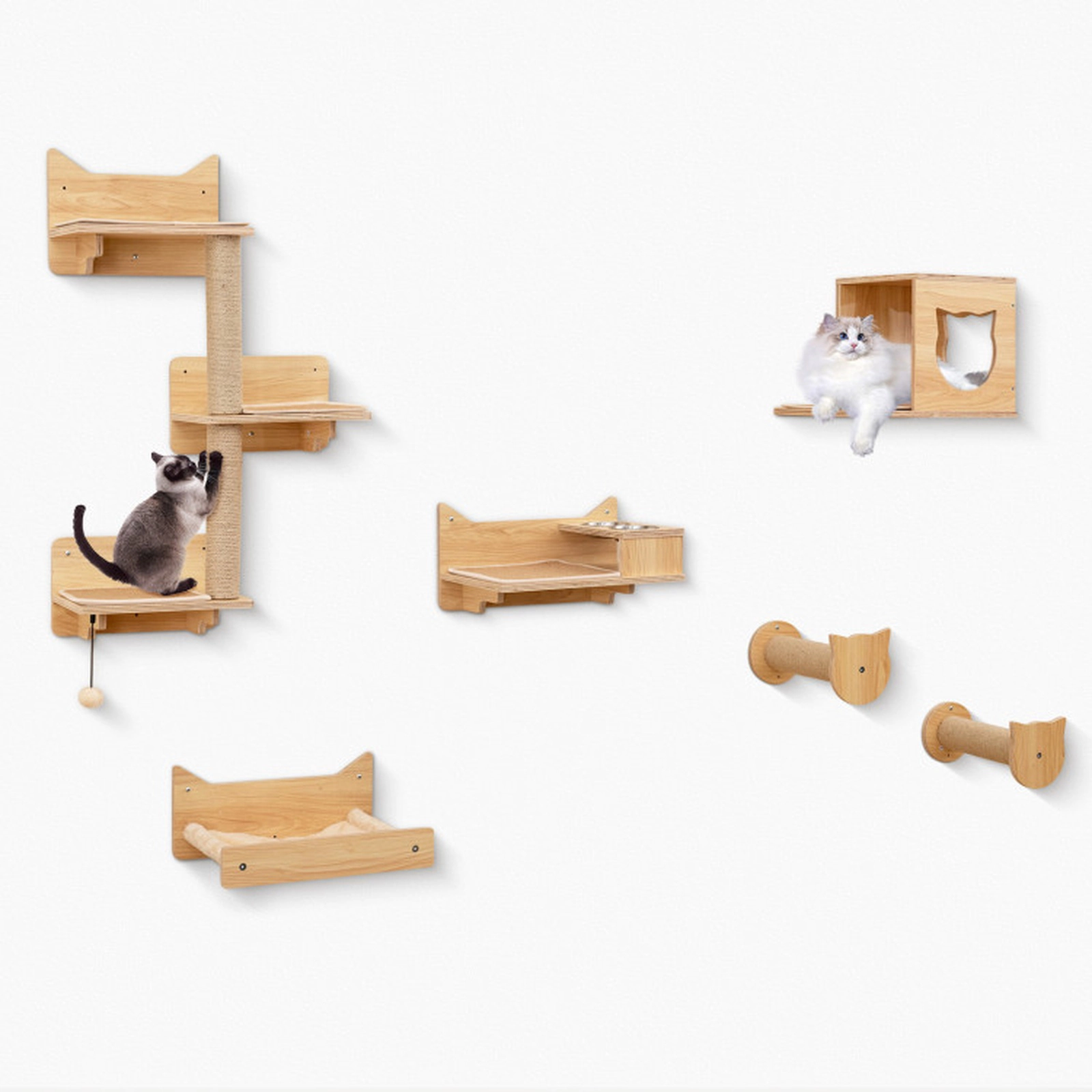 SUGIFT 6-Piece Wall-Mounted Cat Furniture Set with Tree, Condo and Feeding Station 22-lb Capacity Natural