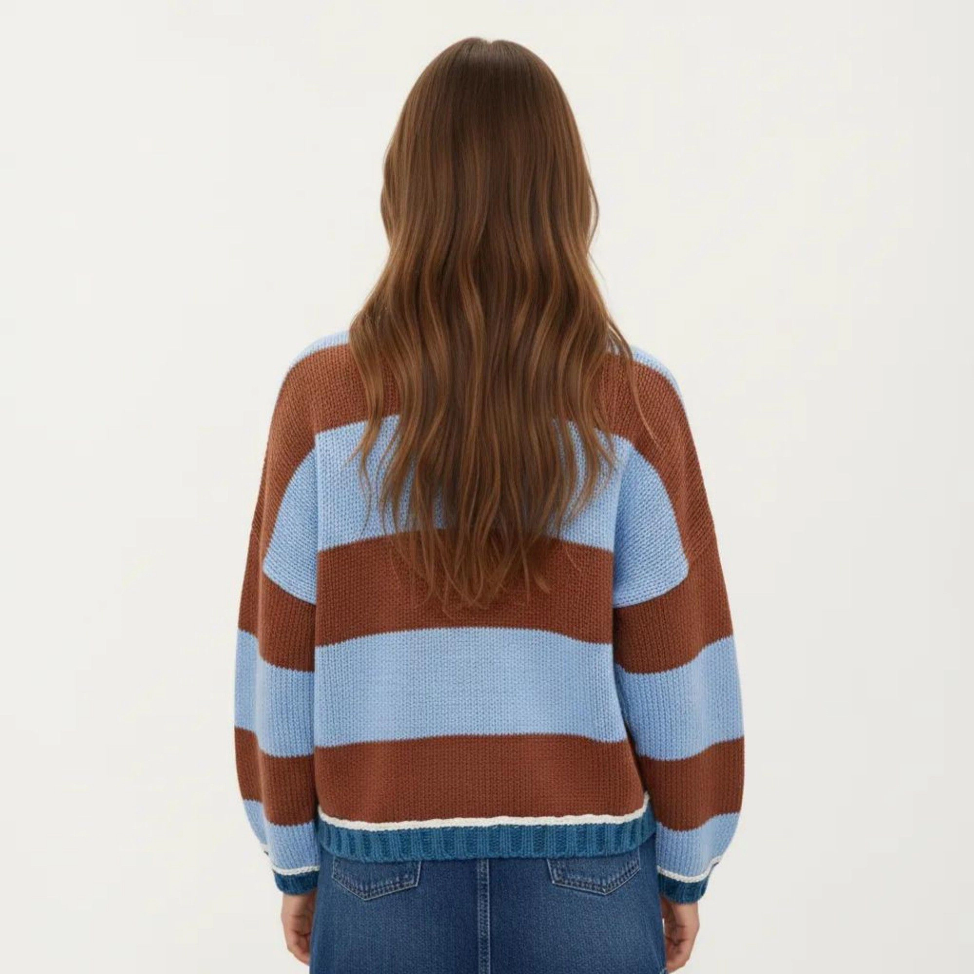 Anna-Kaci Women's Striped Knit Sweater with Color Block Design, Ribbed Trim and Relaxed Drop Shoulder Fit