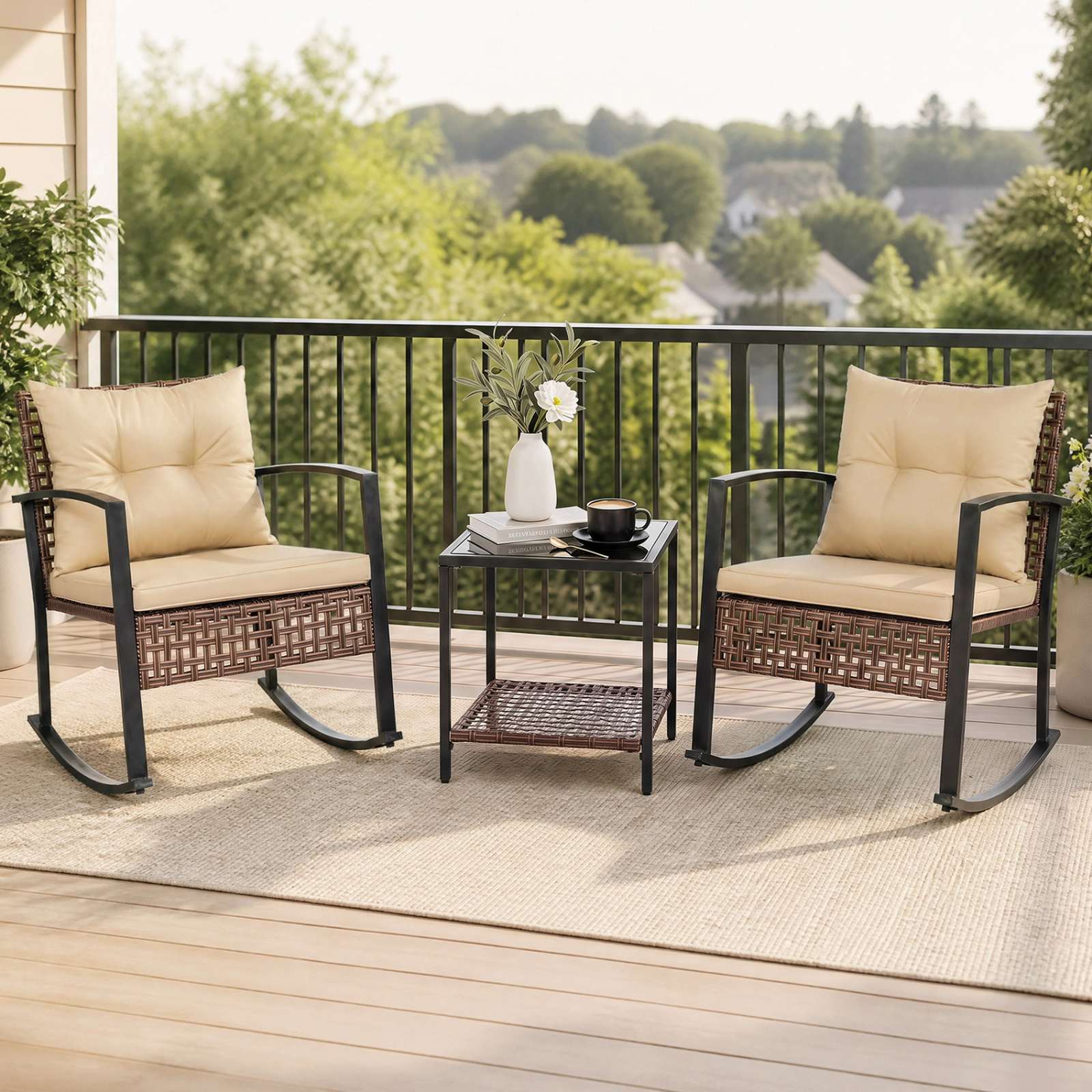 SUGIFT Brown Coffee Table and Thick Cushions 3-Piece Outdoor Wicker Rocking Chair Set
