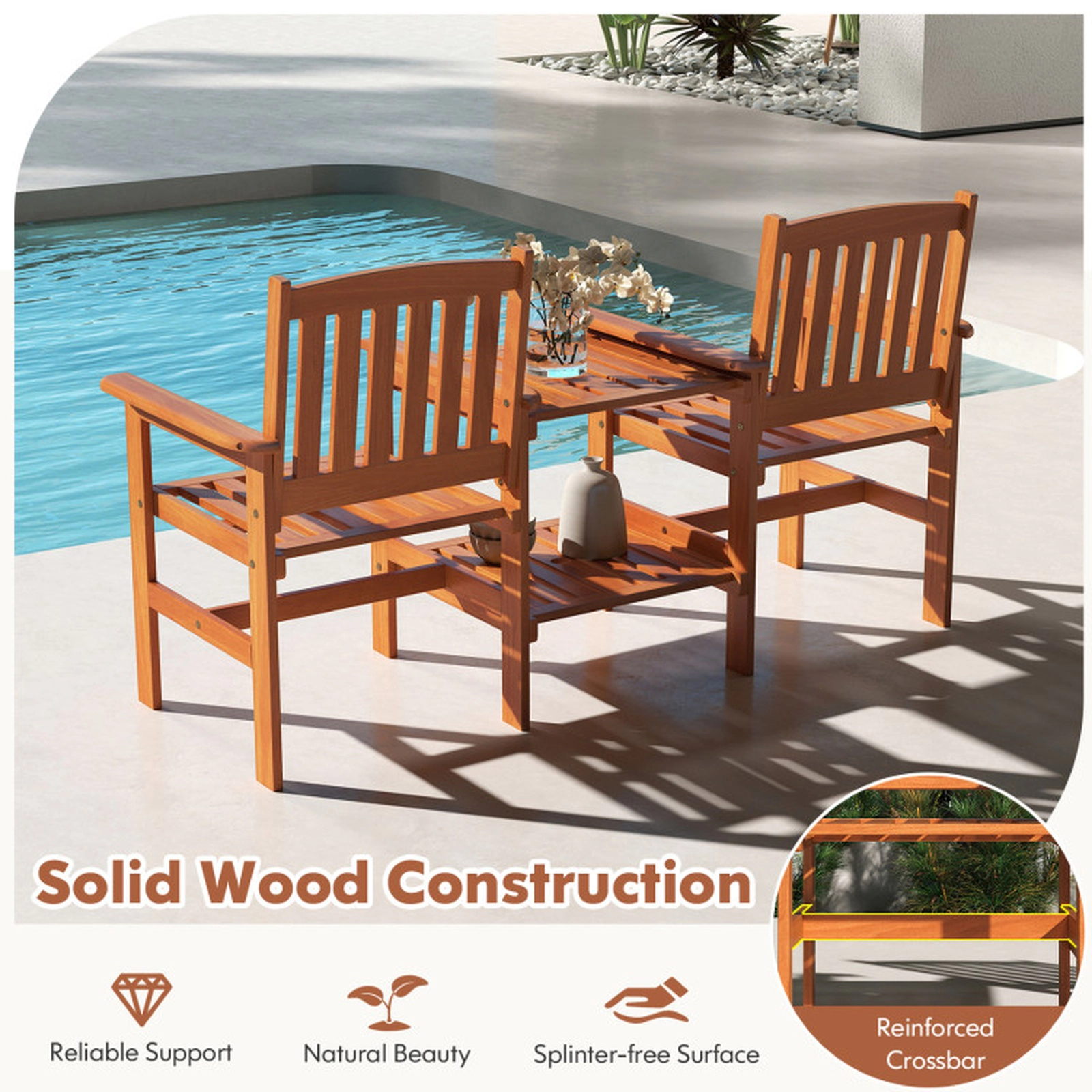 SUGIFT 2-Seater Outdoor Conversation Bench 1.57-in Umbrella Hole 265-lb Chair Capacity 90-lb Shelf Capacity Natural
