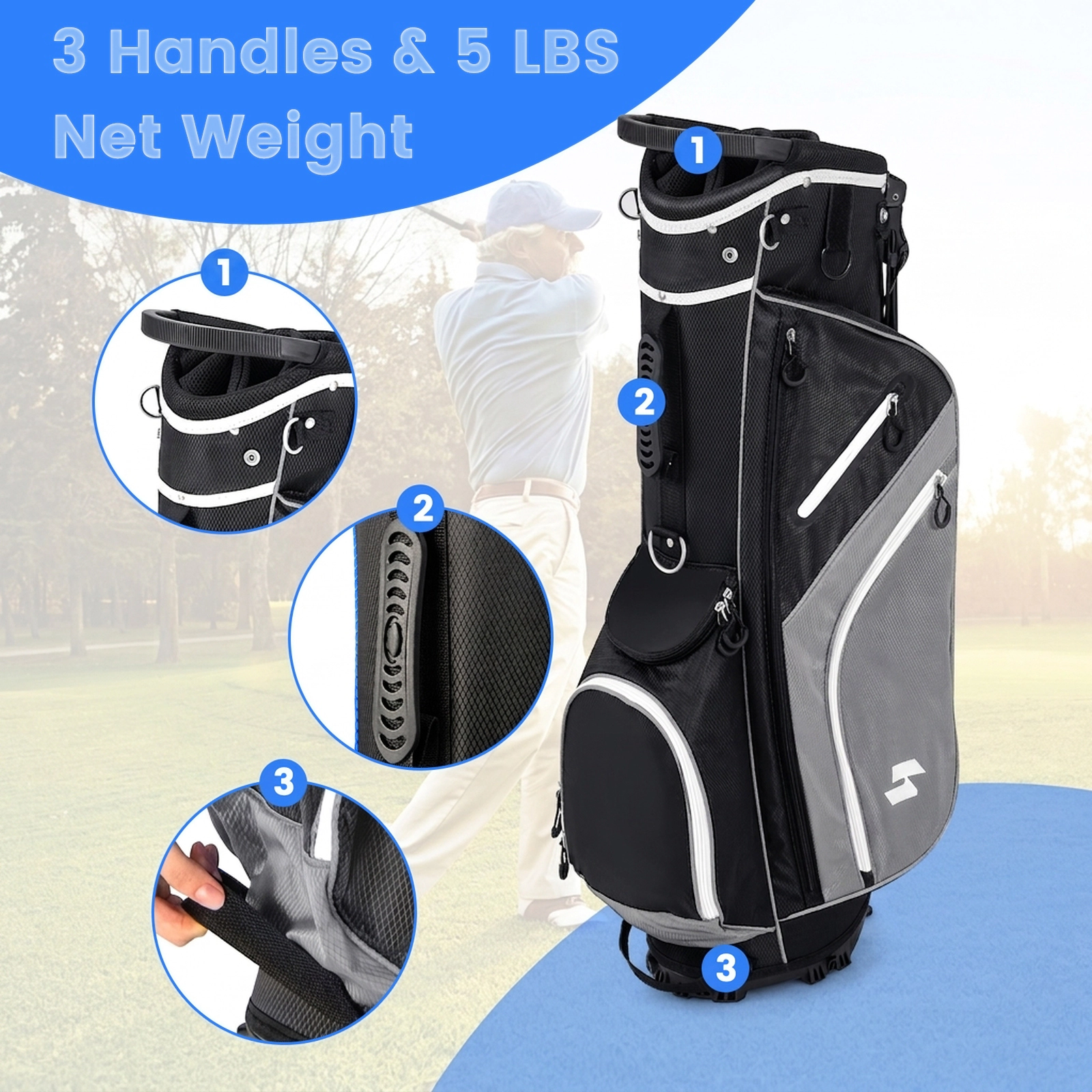 Lightweight Golf Stand Bag 14-Way Top Dividers 6 Zippered Pockets Rain Hood Adjustable Shoulder Strap Gray