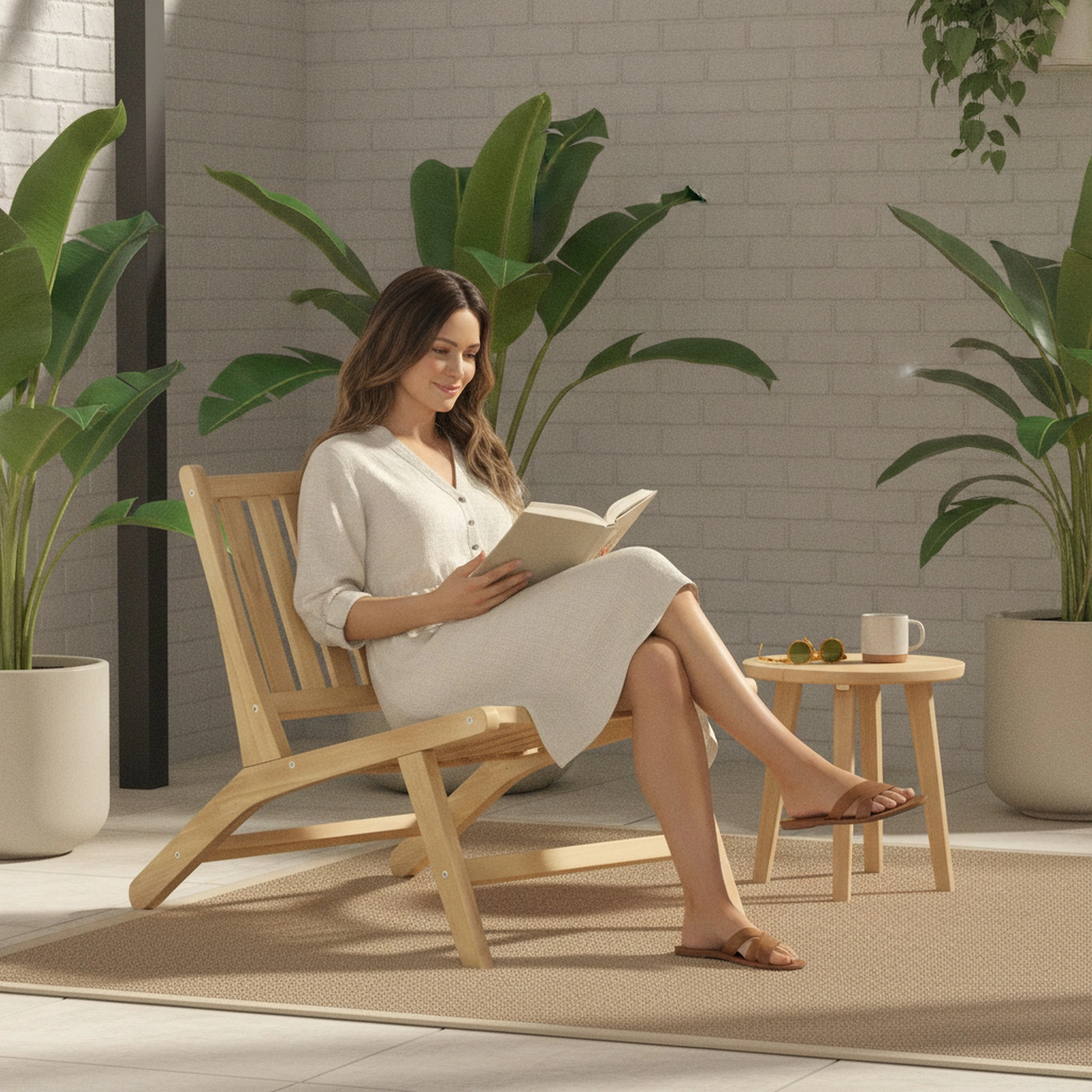 SUGIFT Natural Teak Wood Reclining Outdoor Lounge Chair, Mid-Century, 352 lb Capacity