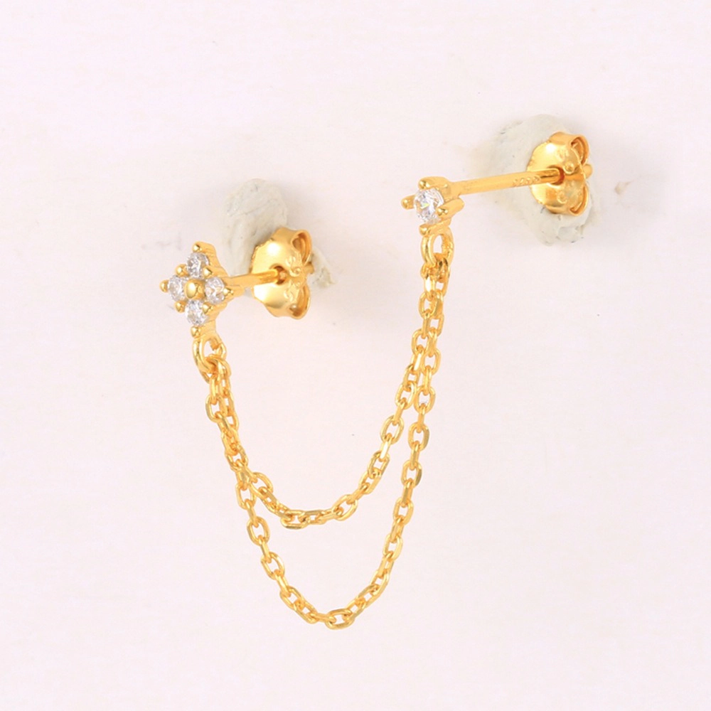 Double Star Cubic Zirconia Two Hole Chain Stud Dangle Earrings