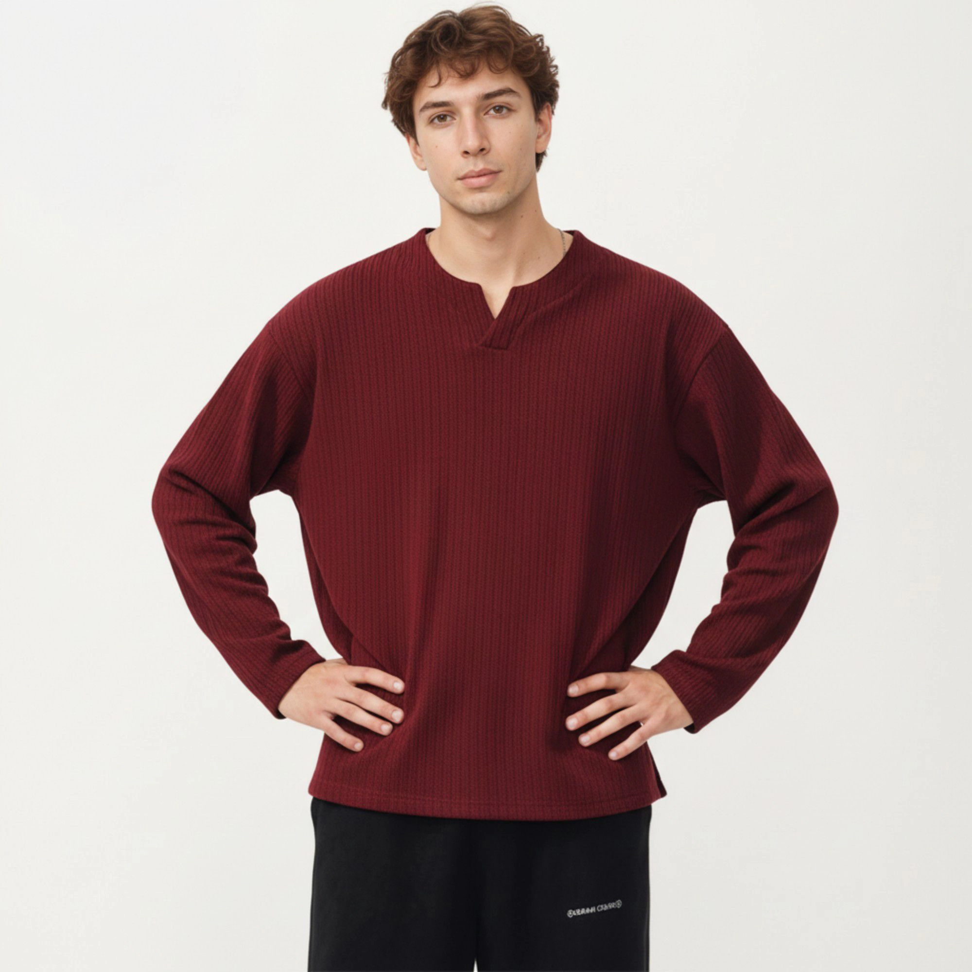 Anna-Kaci Men's Ribbed Long Sleeve Split Neck Top with Relaxed Fit