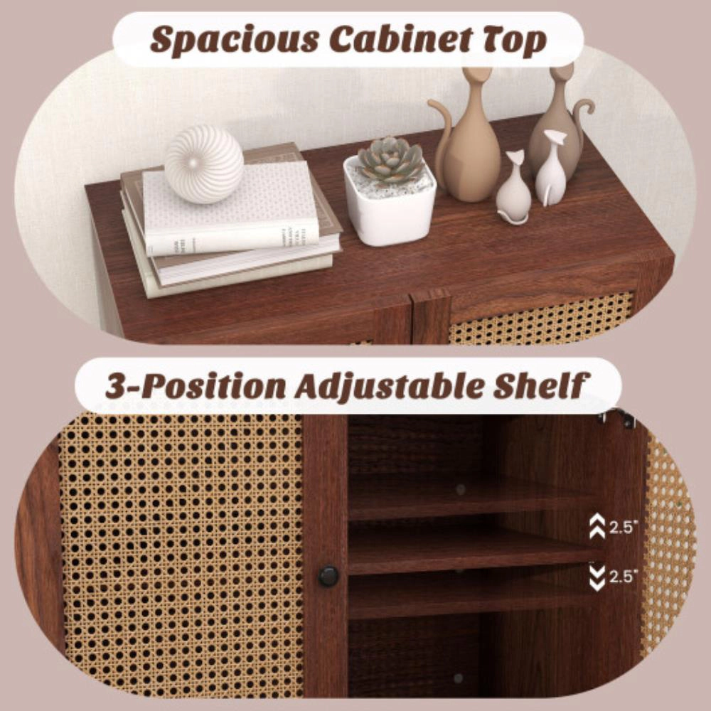 Hivvago Kitchen Sideboard With 2 Rattan Doors And Adjustable Shelf