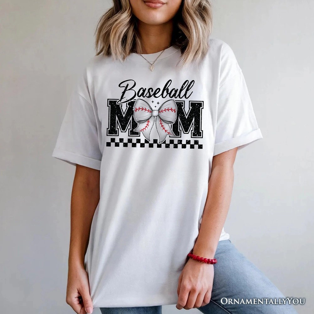 OrnamentallyYou Womens Baseball Mom Coquette Bow Retro T-Shirt