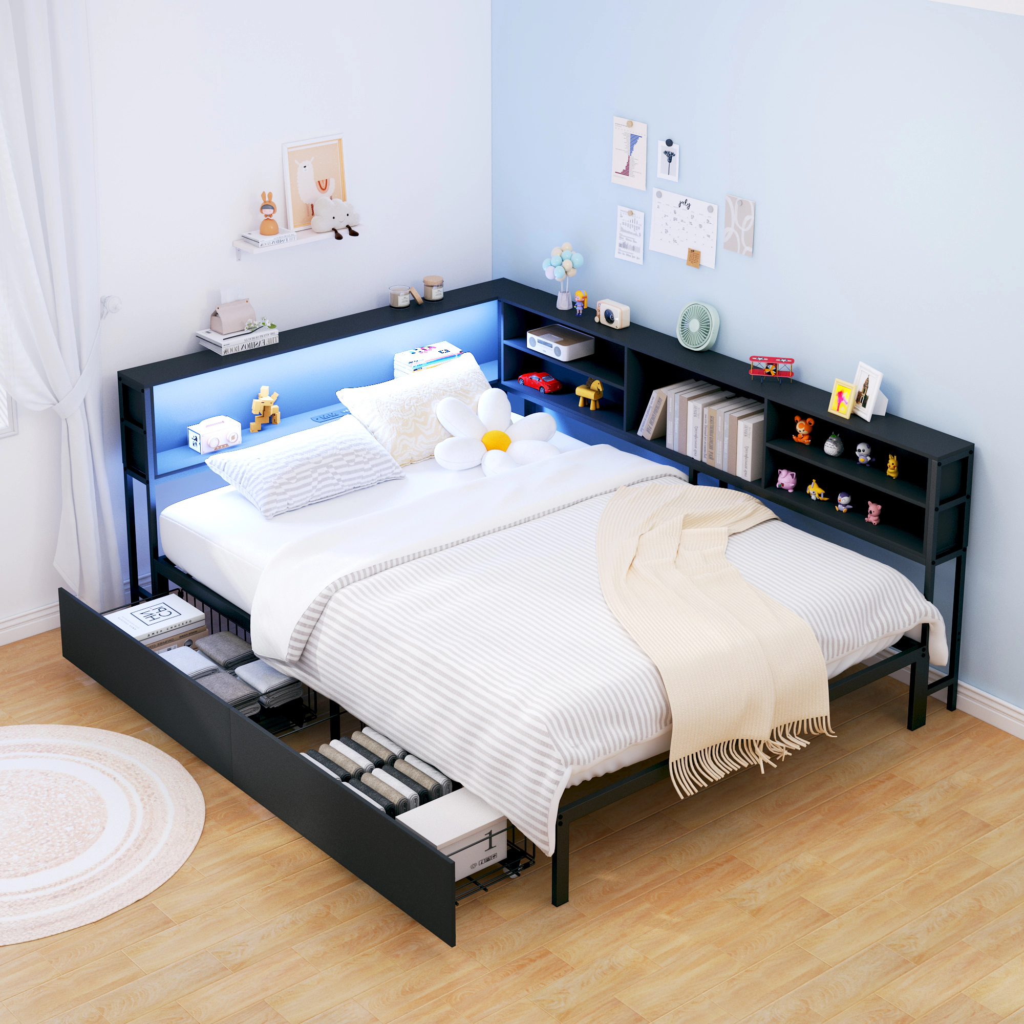 Flynama Full Corner Daybed with Storage, Bookcase Headboard, LED & Charging Station