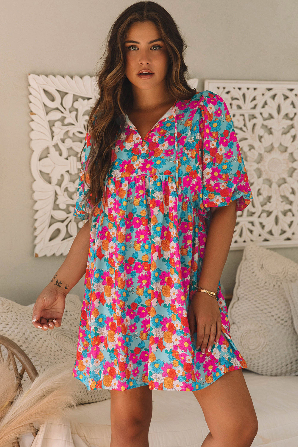 Threaded Pear Women's Lena Floral Bubble Sleeve Babydoll Dress