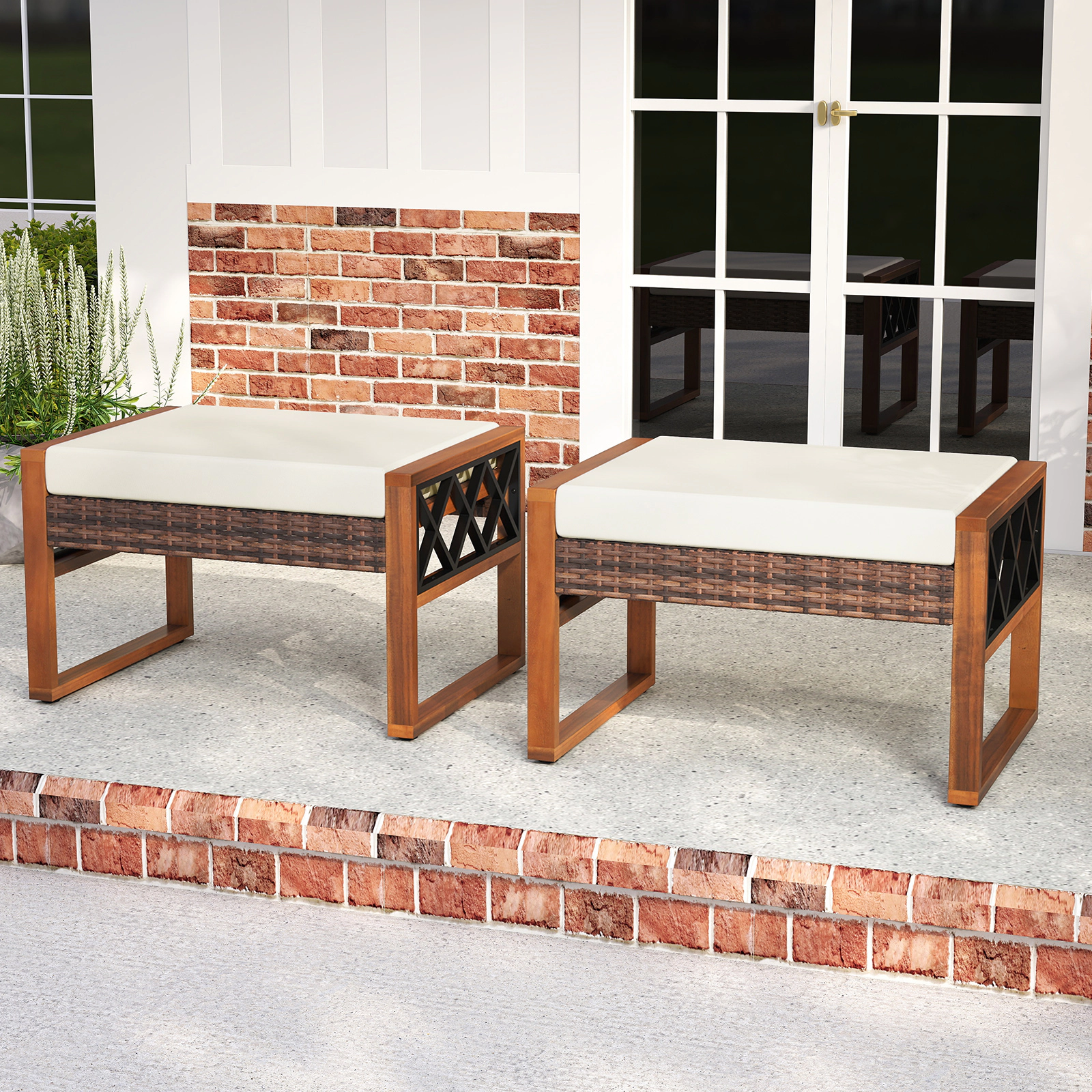 SUGIFT PE Rattan Wicker Patio Ottomans Set of 2 with Removable Cushions 400-lb Capacity Mix Brown Beige