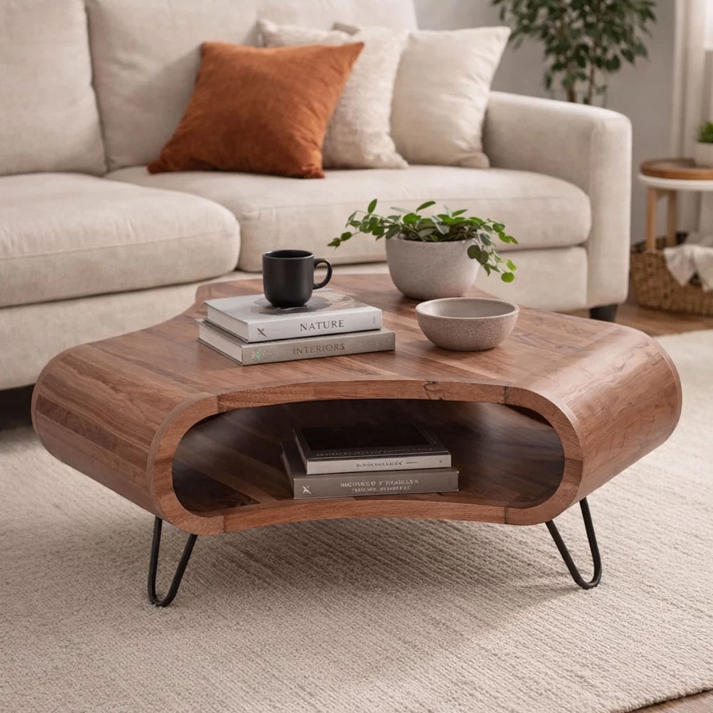 The Urban Port 37 Inch Coffee Table, Handcrafted Curved Hexagon Shape with Open Shelf, Brown Acacia Wood, Iron Legs