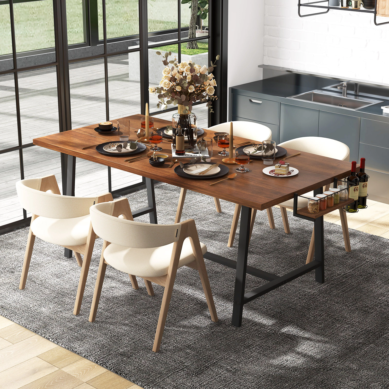 SUGIFT 72-in Rectangular Dining Table with 2-Bottle Wine Rack and Condiment Holder 330-lb Capacity Walnut & Black