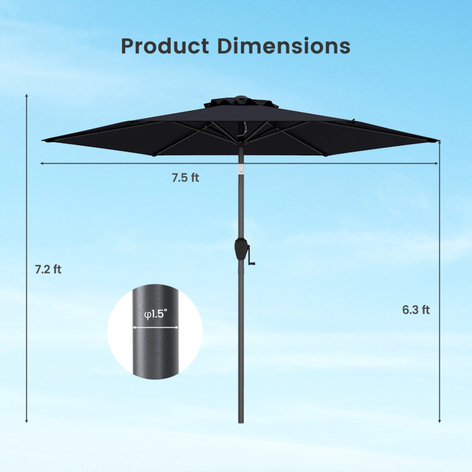 SUGIFT 7.5-ft Outdoor Patio Heavy Duty Market Umbrella with Crank Lift and Push Button Tilt Black