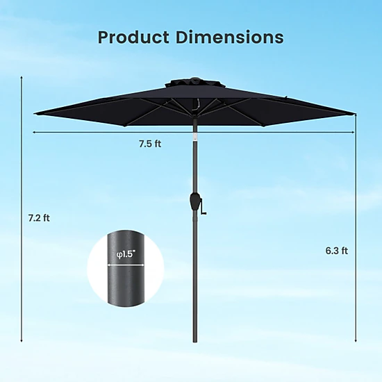 SUGIFT 7.5-ft Outdoor Patio Heavy Duty Market Umbrella with Crank Lift and Push Button Tilt Black