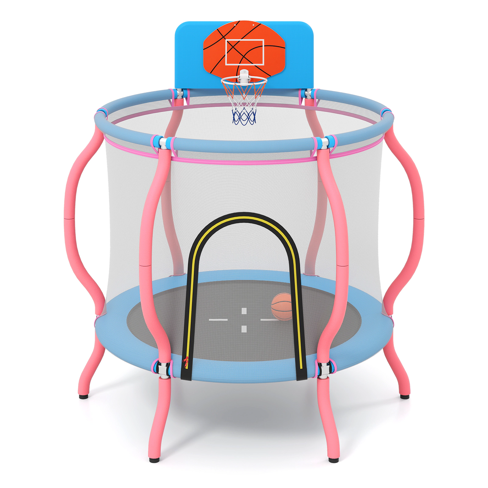 SUGIFT Indoor and Outdoor Pumpkin Kids Trampoline with Basketball Hoop 330-lb Capacity Ages 3-6 Pink and Light Blue