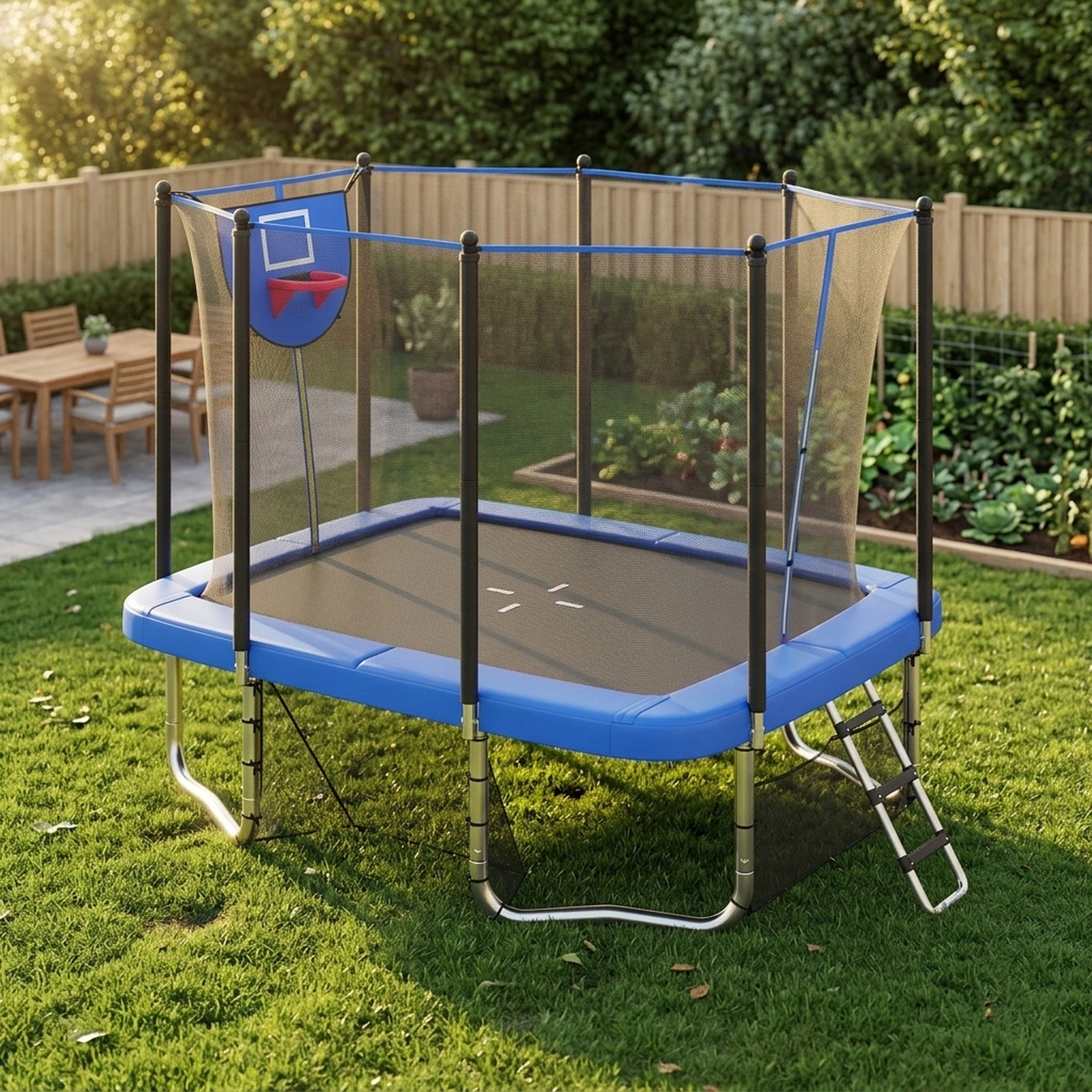 10-ft x 8-ft Rectangle Trampoline Basketball Hoop Soccer Goal 1100-lb Static Capacity Heavy-Duty Hot-Dip Outdoor Blue