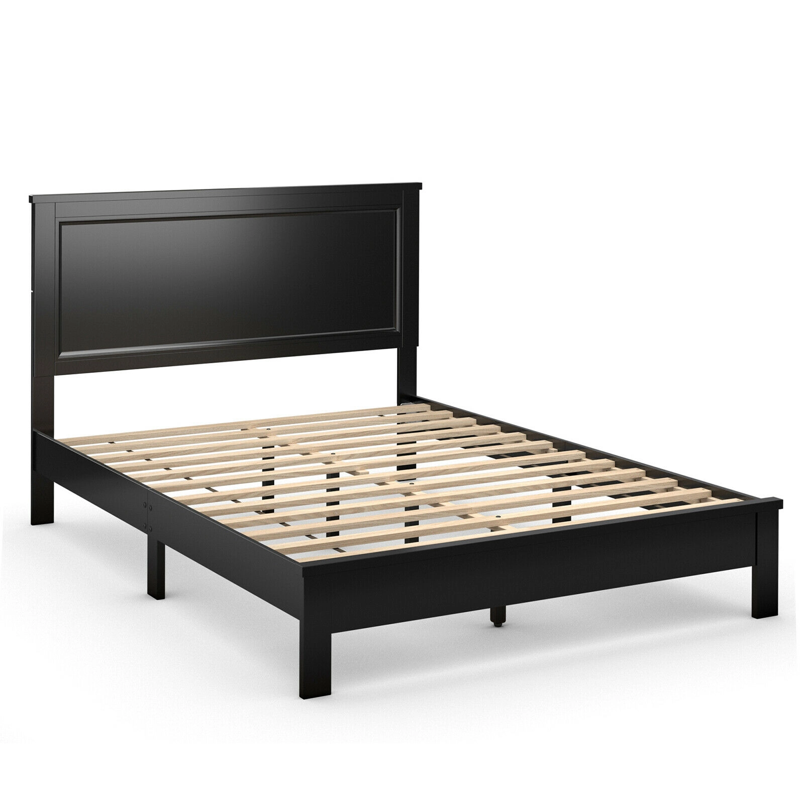 SUGIFT High Slat Panel Headboard and Rubber Wood Legs Queen Size Platform Bed Frame