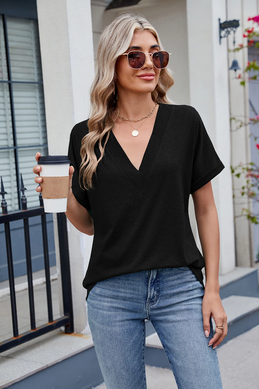 Enchanted Funland Womens V‑Neck Rolled Cuff Short Sleeve Solid T‑Shirt Tops
