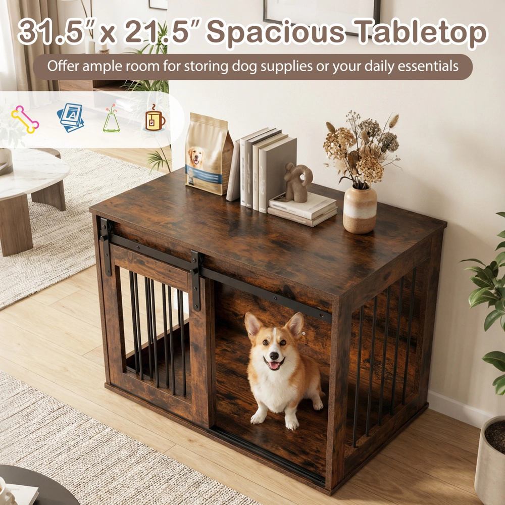 SUGIFT Rustic Brown Dog Crate Furniture Kennel with Space-Saving Sliding Barn Door and Metal Side Slats