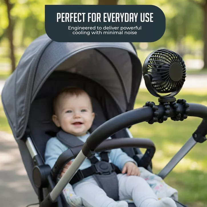 Luminuxe Portable Stroller Fan 3 Speed Rechargeable Flexible Tripod Clip-On Fan w/ Rotatable Design, USB-C Wire Included