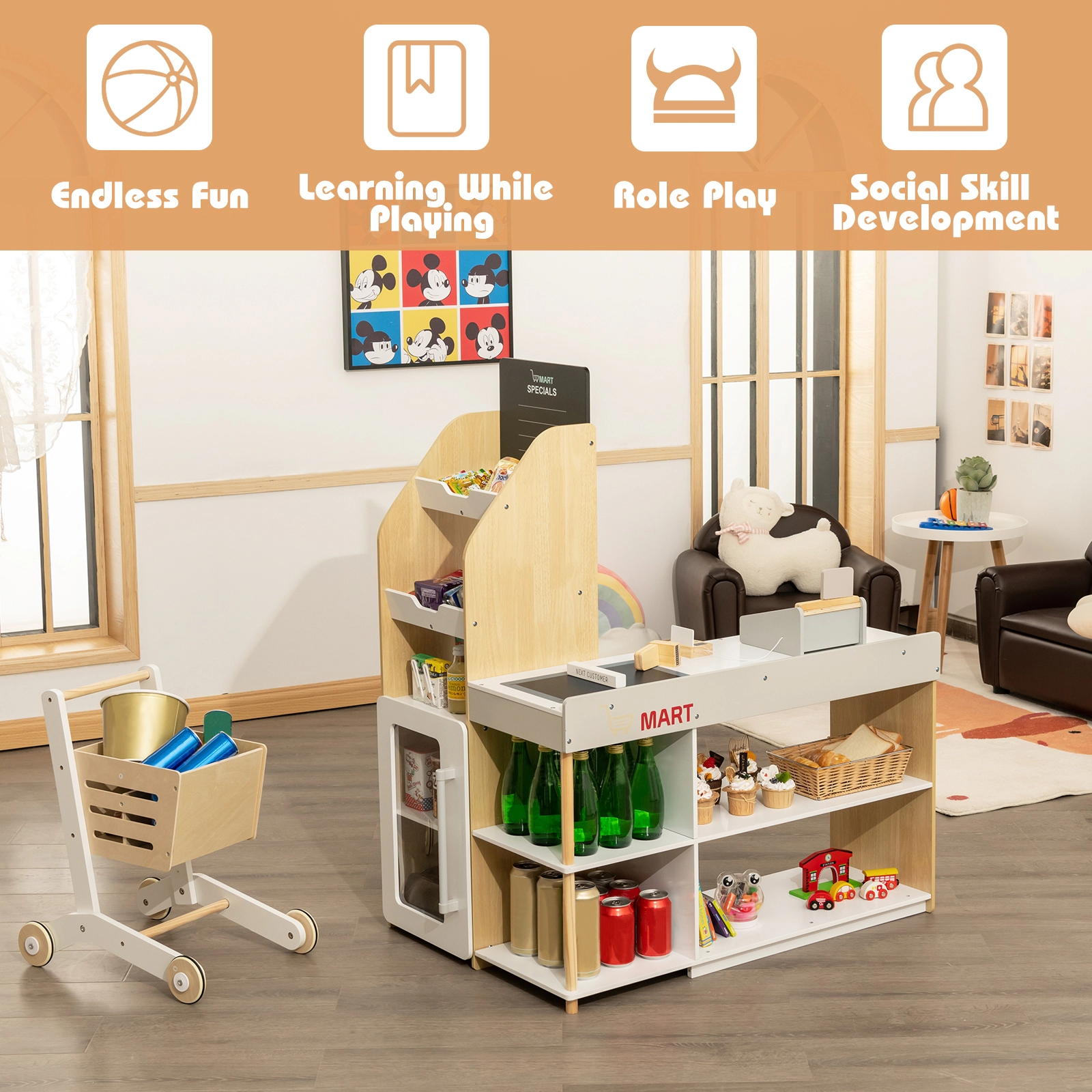 SUGIFT Grocery Store Playset Supermarket Checkout Counter with Cart Ages Over 3 Years Old Natural 21.5-in Countertop