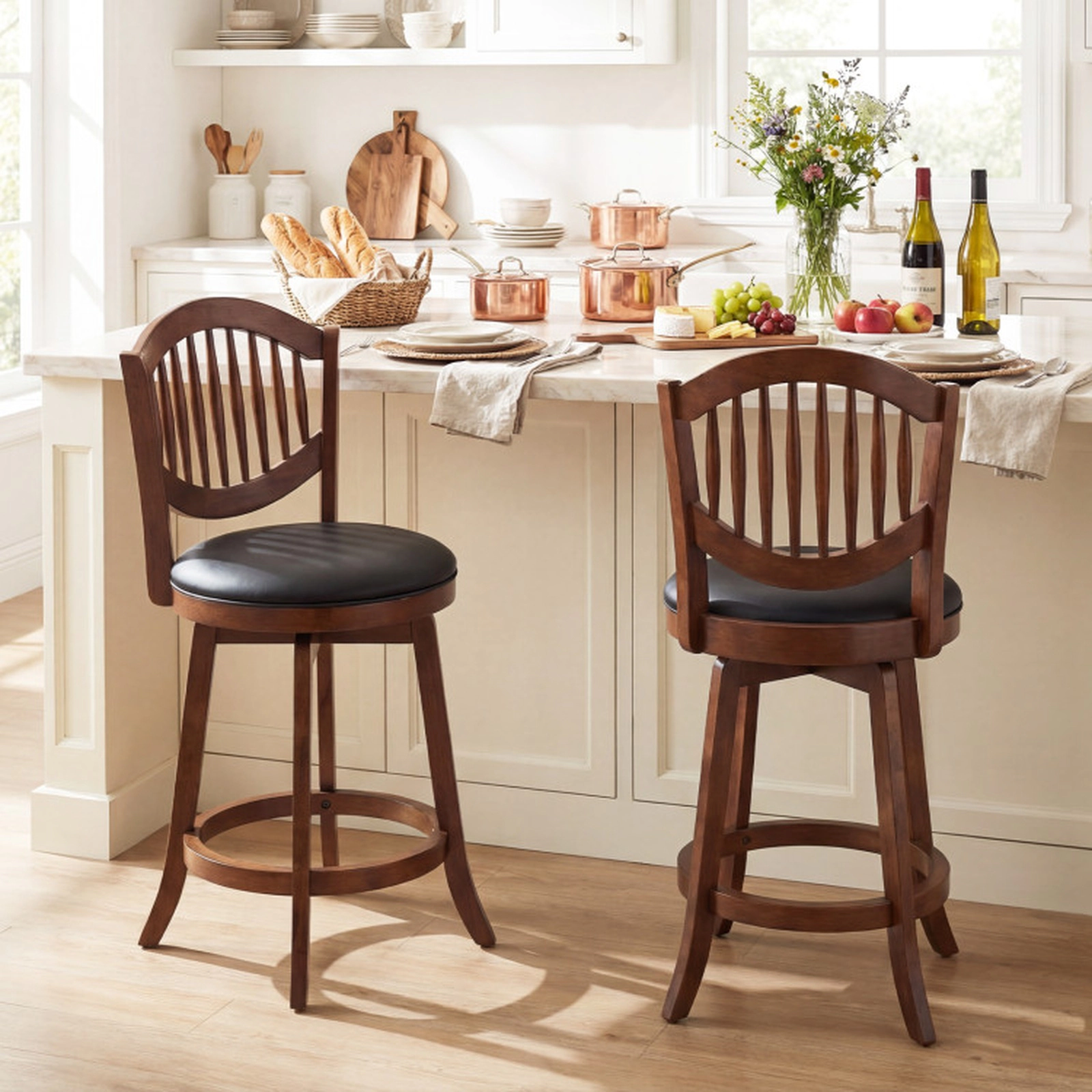 SUGIFT 360-Degree Swivel Bar Stools with Backrest 330-lb Capacity 25-in Seat Height Expresso and Black Set of 2
