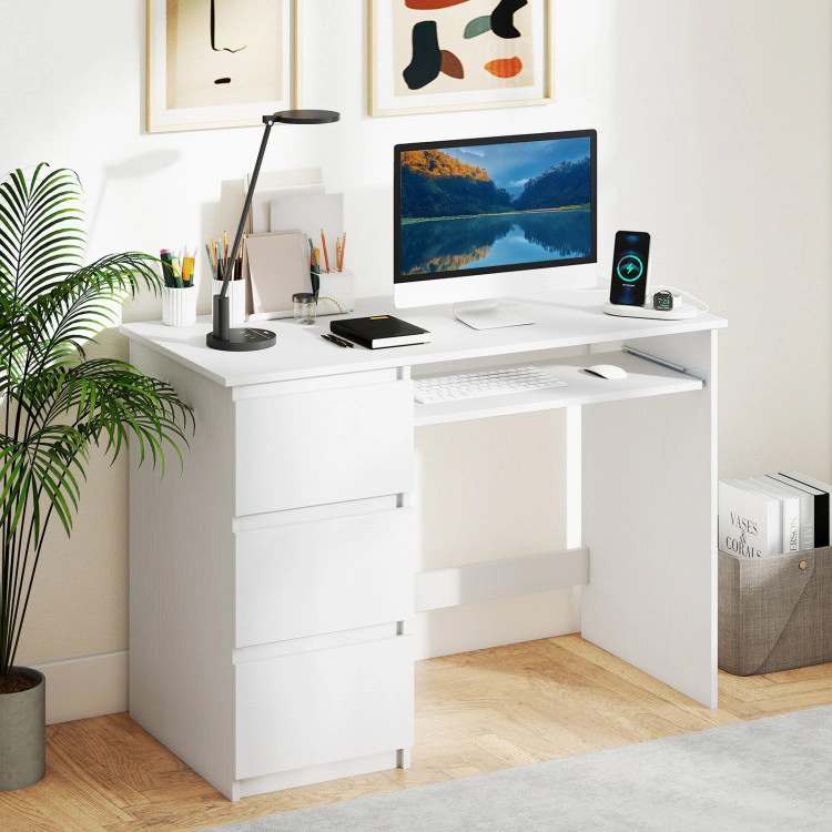 SUGIFT Computer Desk with Power Outlet Keyboard Tray and 3 Large Drawers 275-lb Capacity Natural/White