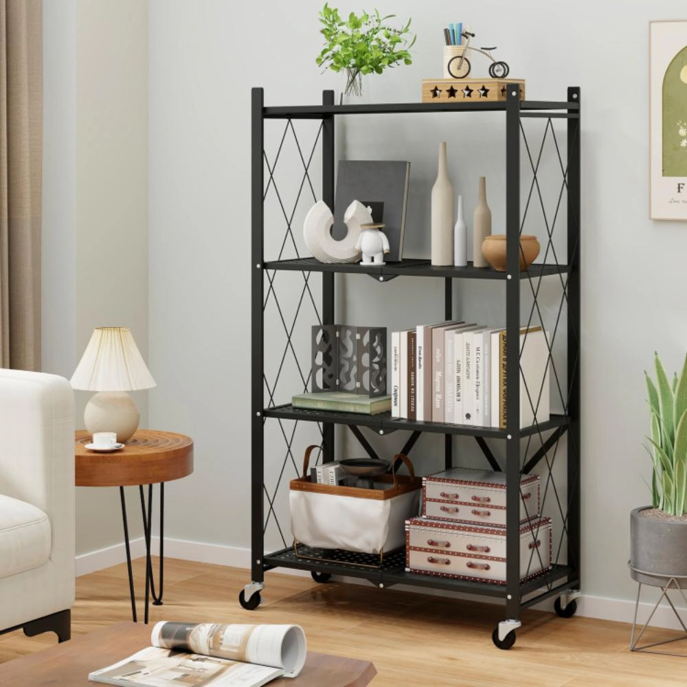 Hivvago 4-Tier Foldable Storage Shelf Collapsible Storage Rack with Lockable Wheels-Black