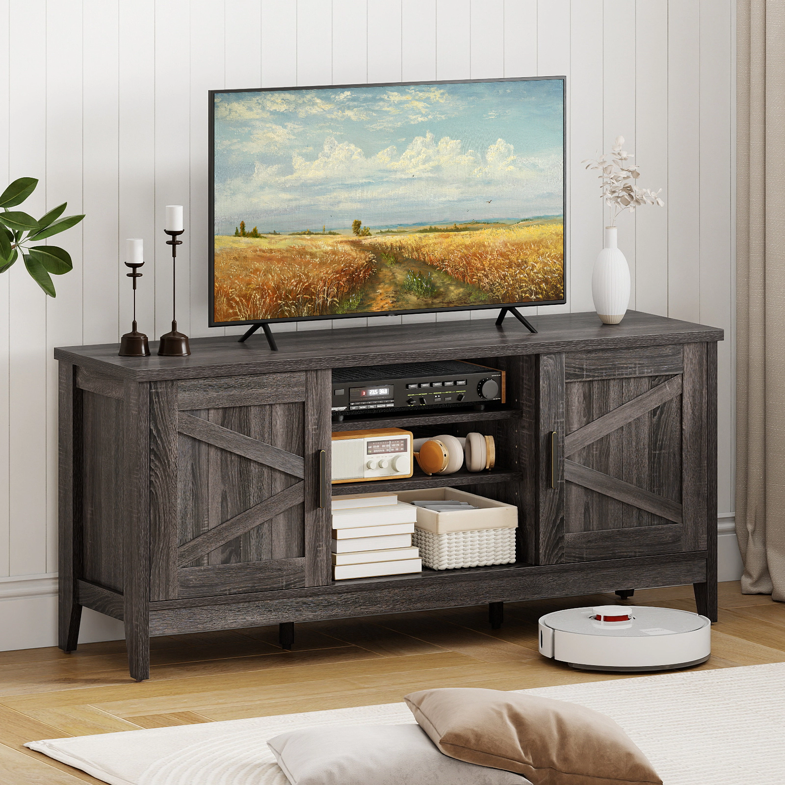 Glintex 54-Inch Farmhouse TV Stand with Barn Doors and 7-Position Shelves, Gray