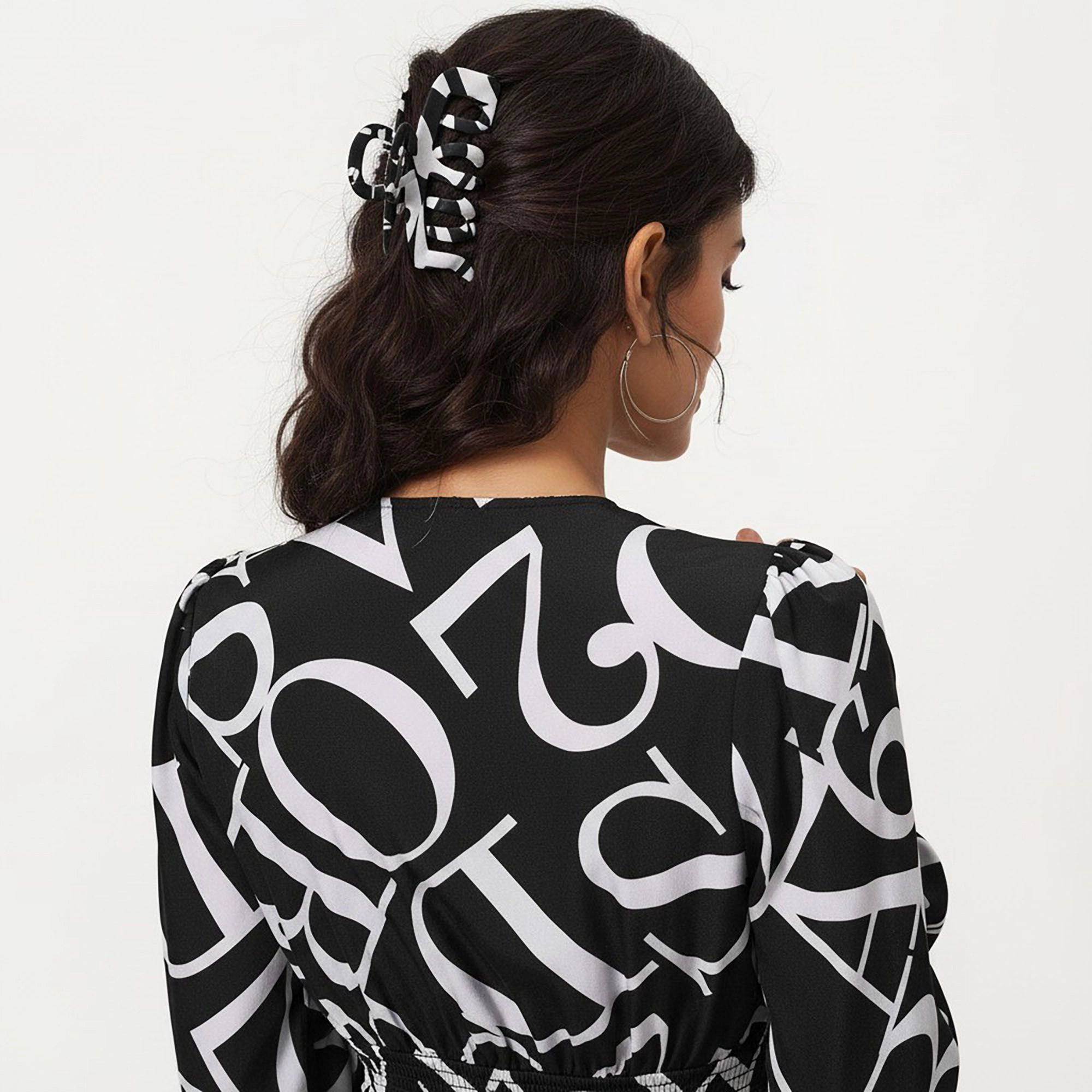 Anna-Kaci Women's Black and White Abstract Logo Print Long Sleeve Belt Asymmetrical Hem Wrap Dress