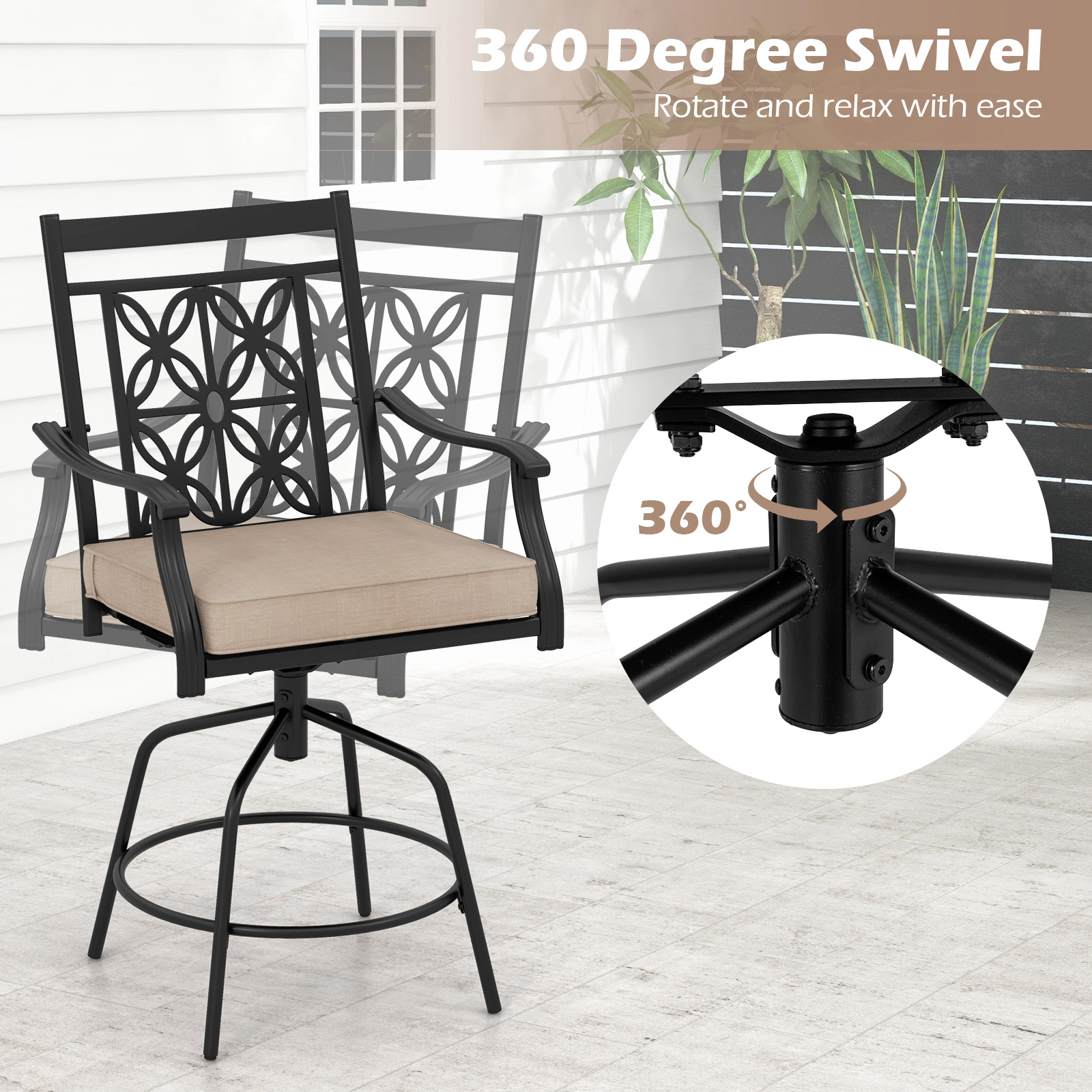 SUGIFT Set of 2 Brown Outdoor Swivel Bar Stools, 350 lb Capacity, Cushions and Armrests
