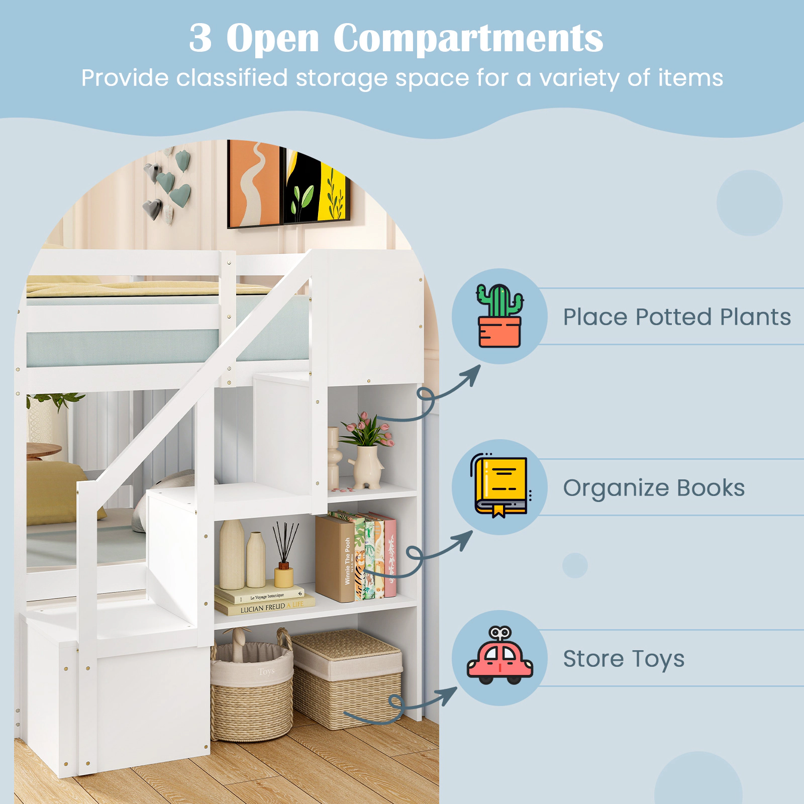 SUGIFT White Twin-over-Full Solid Wood Bunk Bed with Storage Stairs
