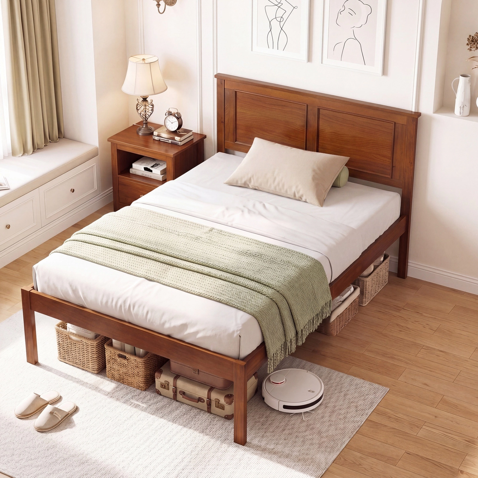 SUGIFT Twin Farmhouse Platform Bed with Panel Headboard, Walnut