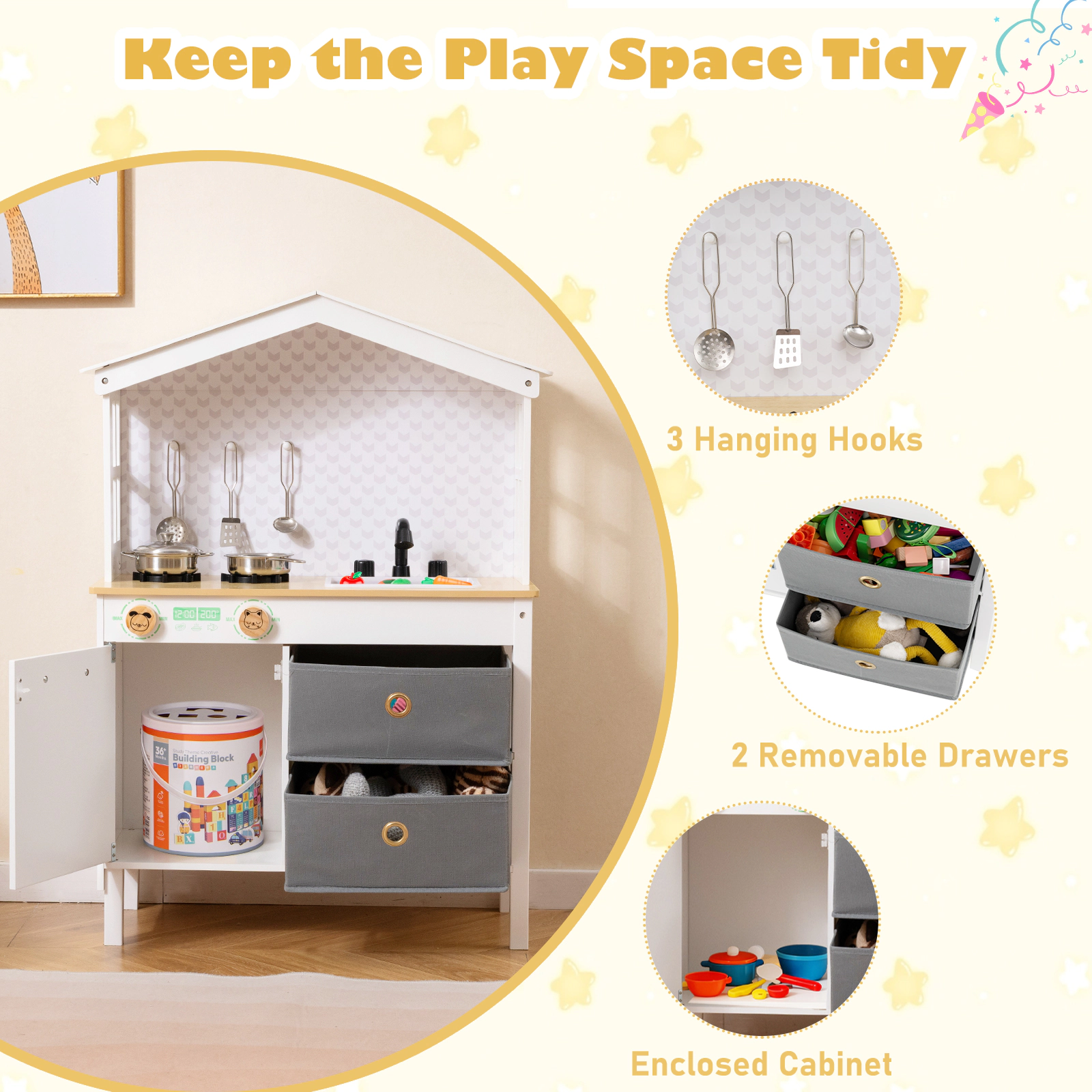 SUGIFT Kids Play Kitchen Toy Playset with 2 Stoves and Rotation Handles 35-in Tall Ages 3-6 Pink/White