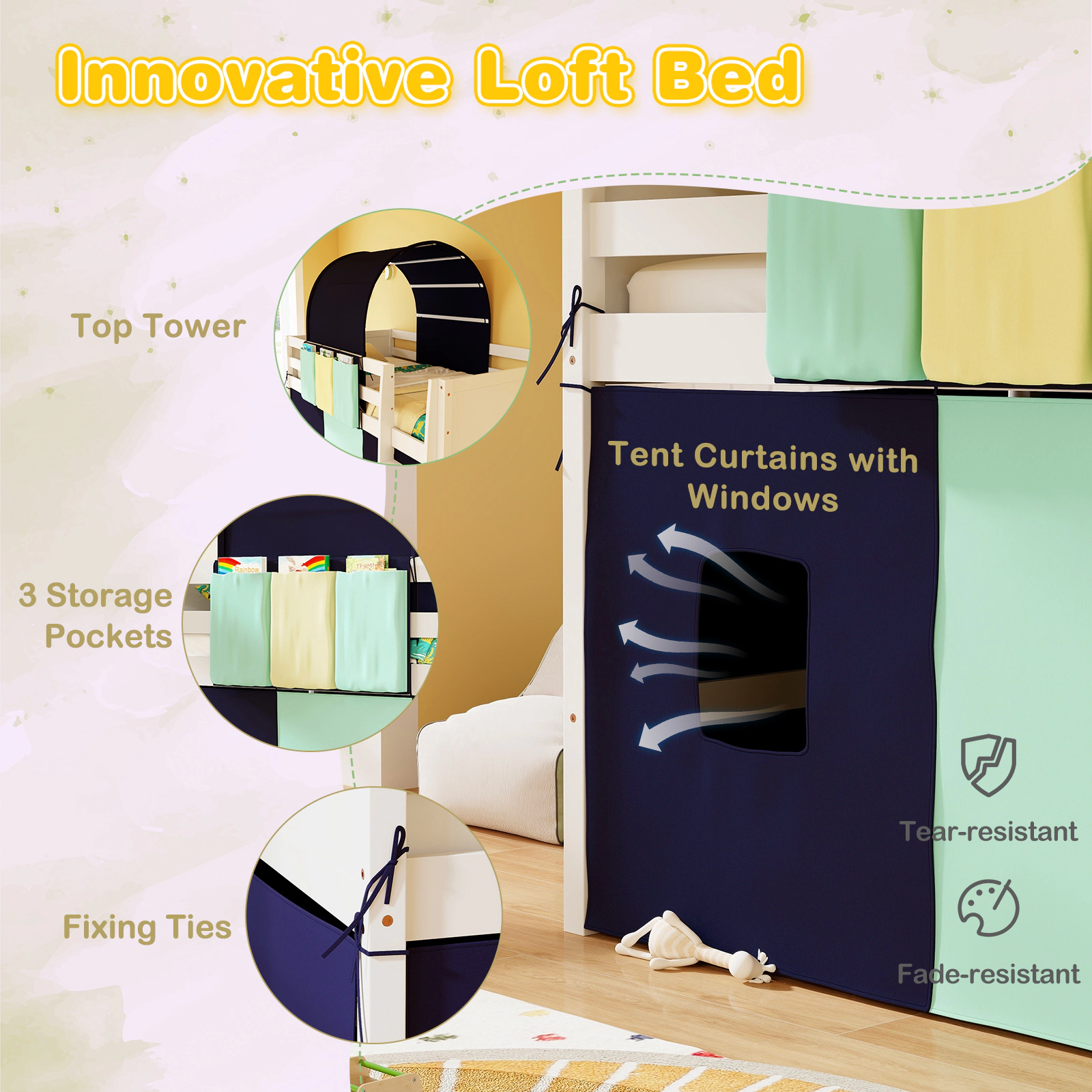SUGIFT Navy Tower Tent and 3 Storage Pockets Twin Size Kids Loft Playhouse Bed