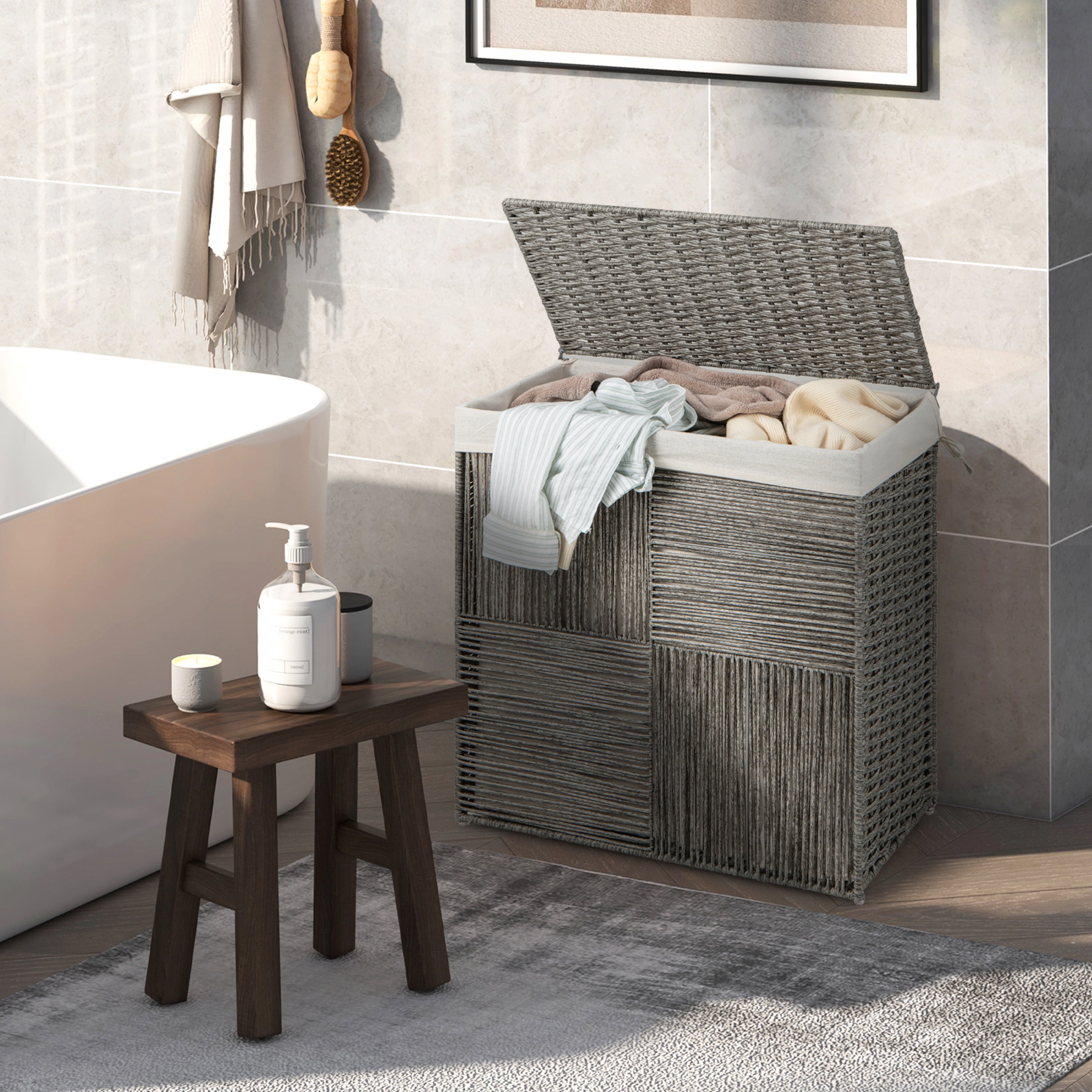 SUGIFT Grey 29-gal Laundry Hamper with 2-Section Removable Liner Bag and Handles for Dirty Clothes