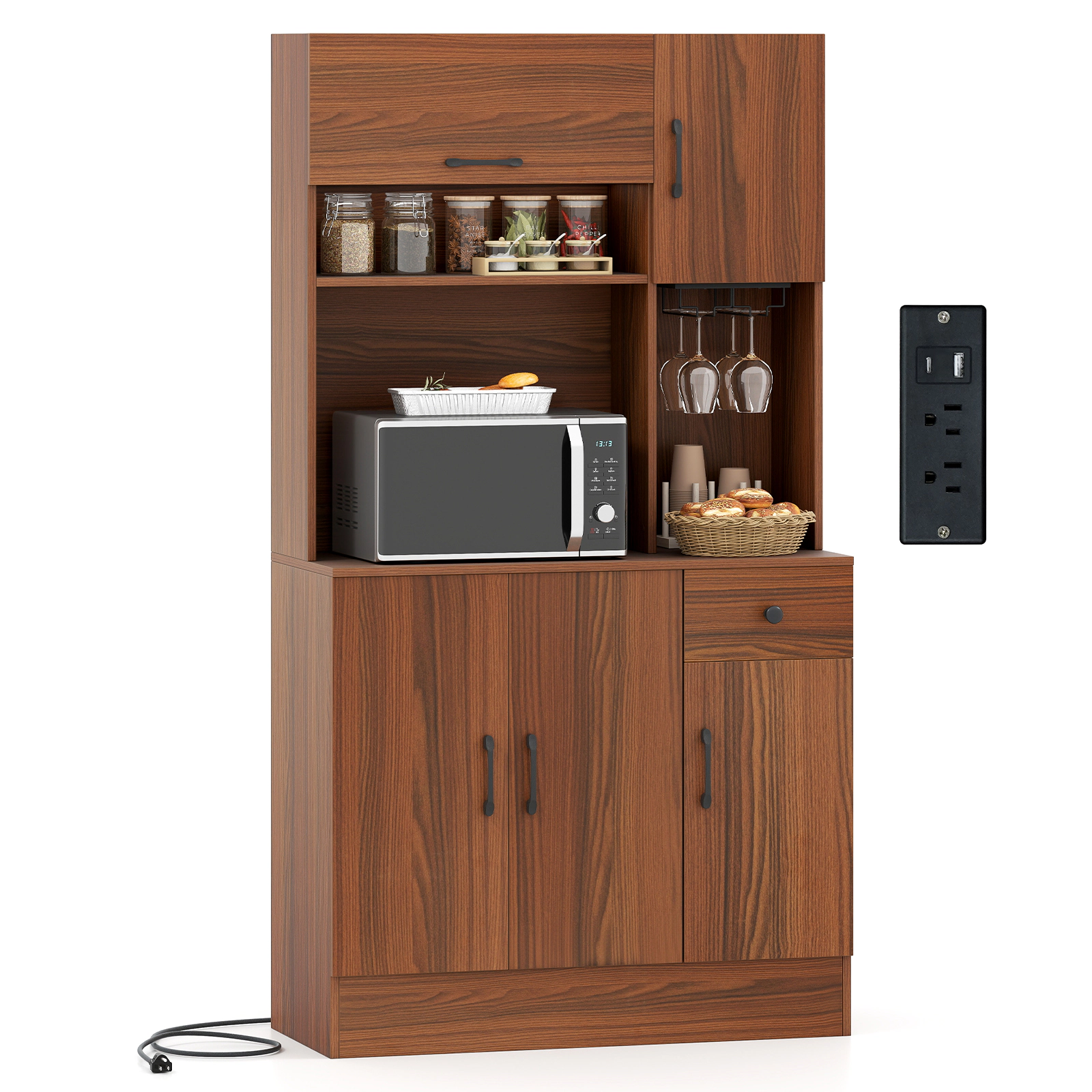 Glintex 66-Inch Pantry Cabinet with Gas-Strut Flip-Up Door and Charging Station, Brown