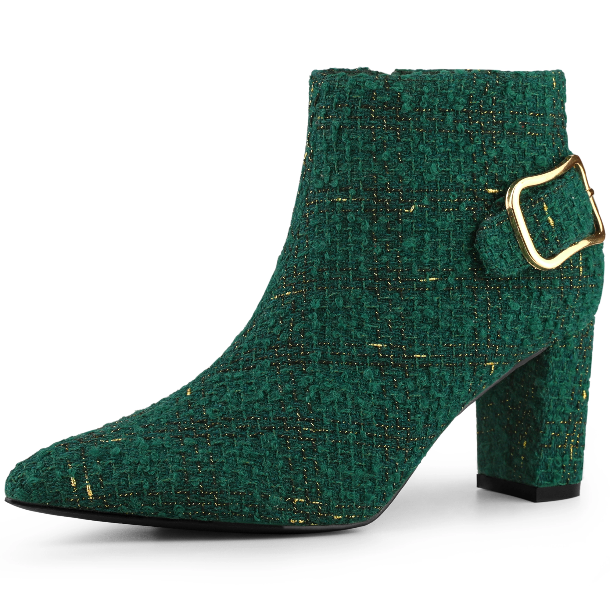 BLISSFUL STEP Women Plaid Pointed Toe Chunky Heels Buckle Decor Ankle Boots