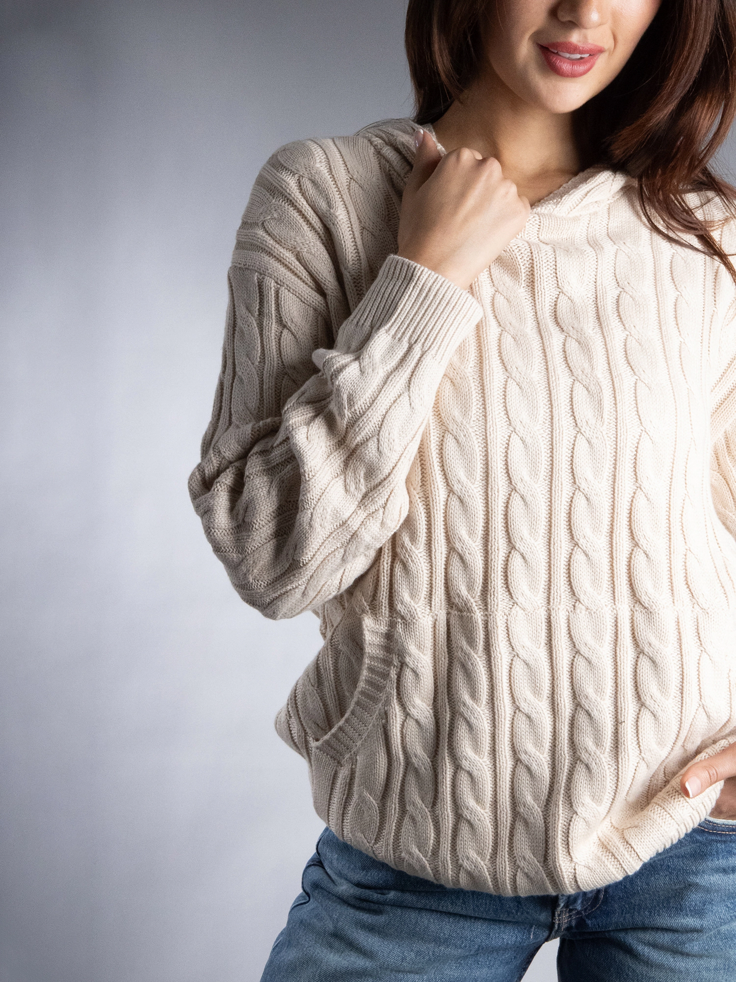JESS by Meiko Women's Oversized Long Sleeves Cable Knit Hooded Sweater Top