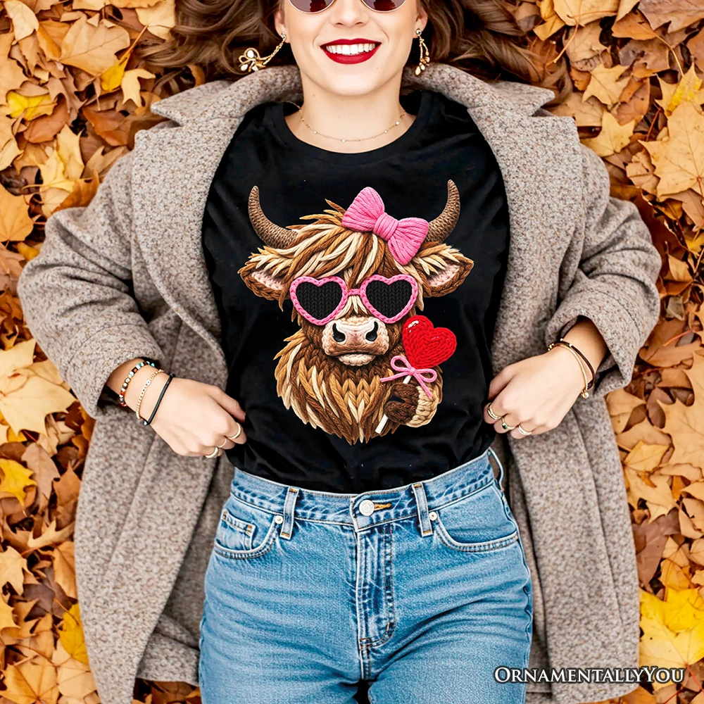 OrnamentallyYou Womens Highland Cow Faux-Yarn Valentine T-Shirt