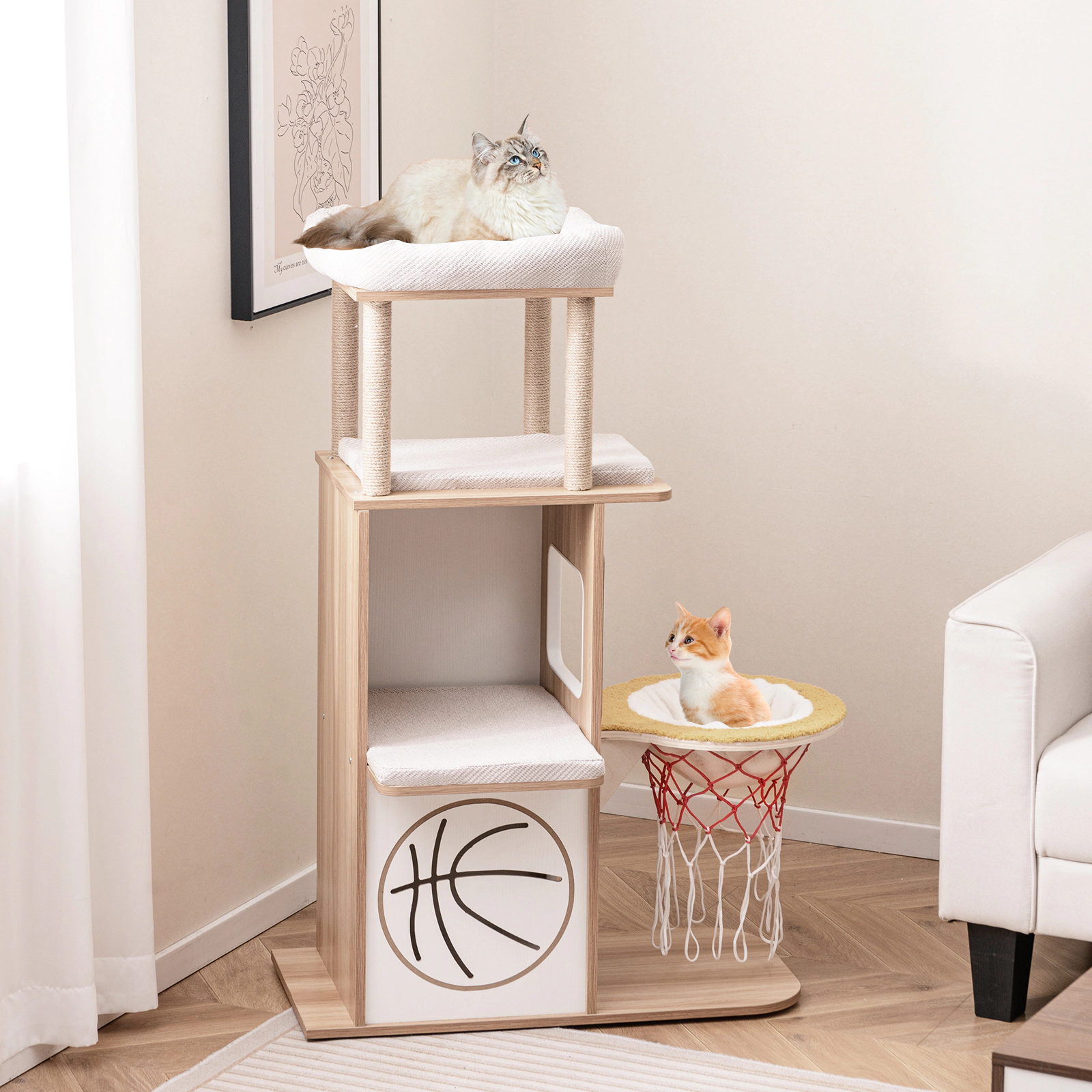 SUGIFT Natural 47 in Wooden Cat Tree with 2-Story Condo and Basketball Hoop Hammock