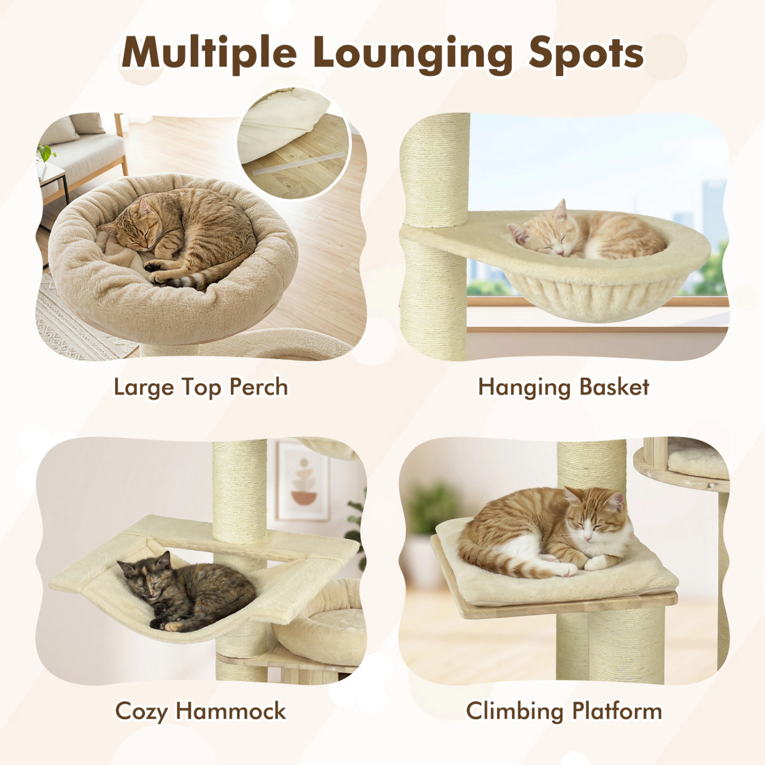 LJG 75.5" Tall Cat Tree with 7 Sisal Posts & Hanging Basket and Hammock for Indoor