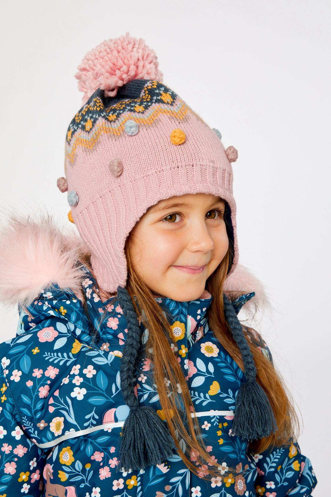 Deux par Girls Geometric Jacquard Winter Peruvian Knit Hat with Pompom