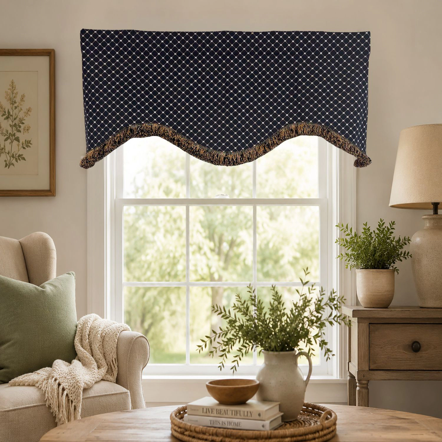 RLF Home 100% Cotton Passat Trimmed Cornice Lined Window Valance 50" x 17" Black