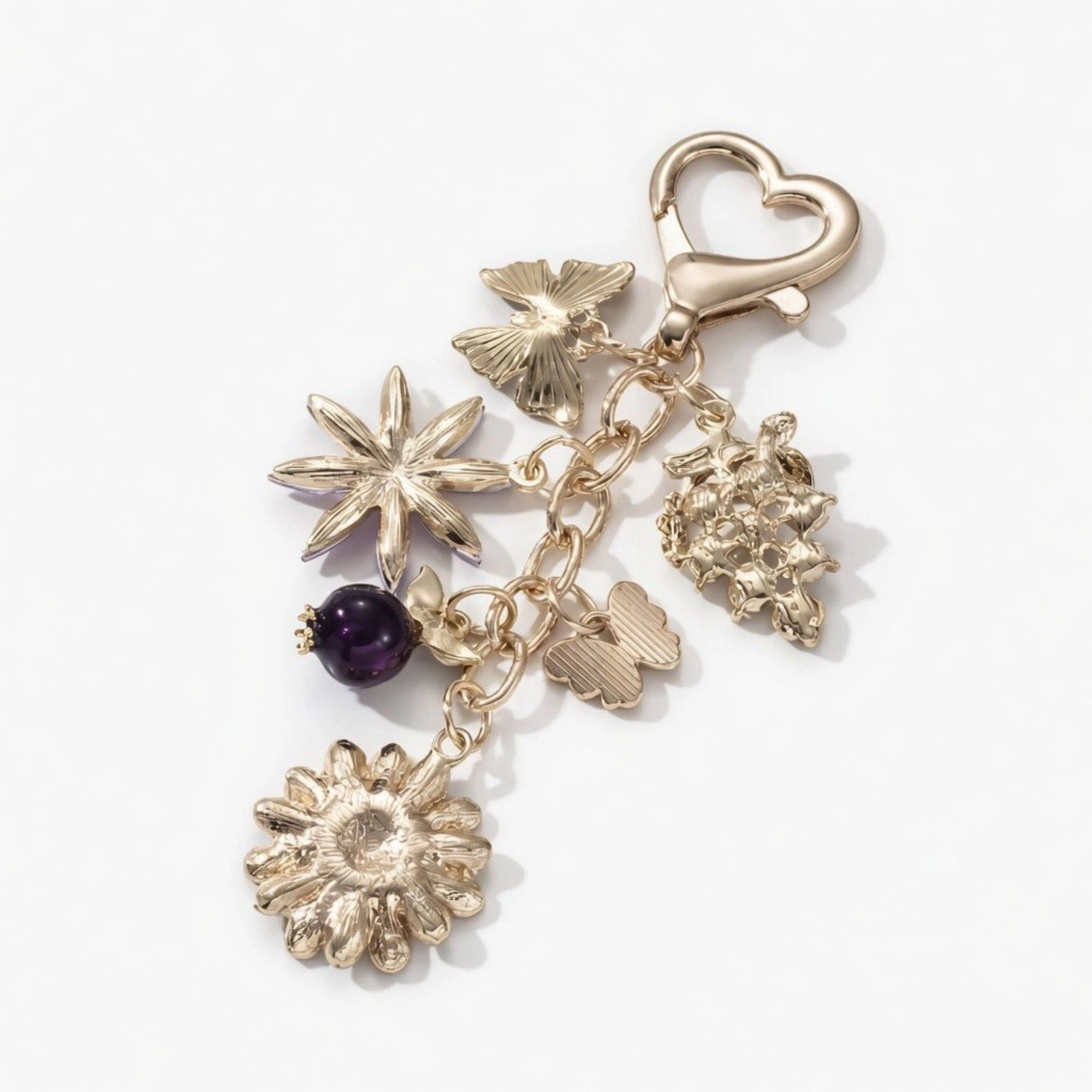 Alilang Women's Floral Charm Keychain with Heart Clip Pendant Multi Shape Metal Bag Charm Key Ring Accessory